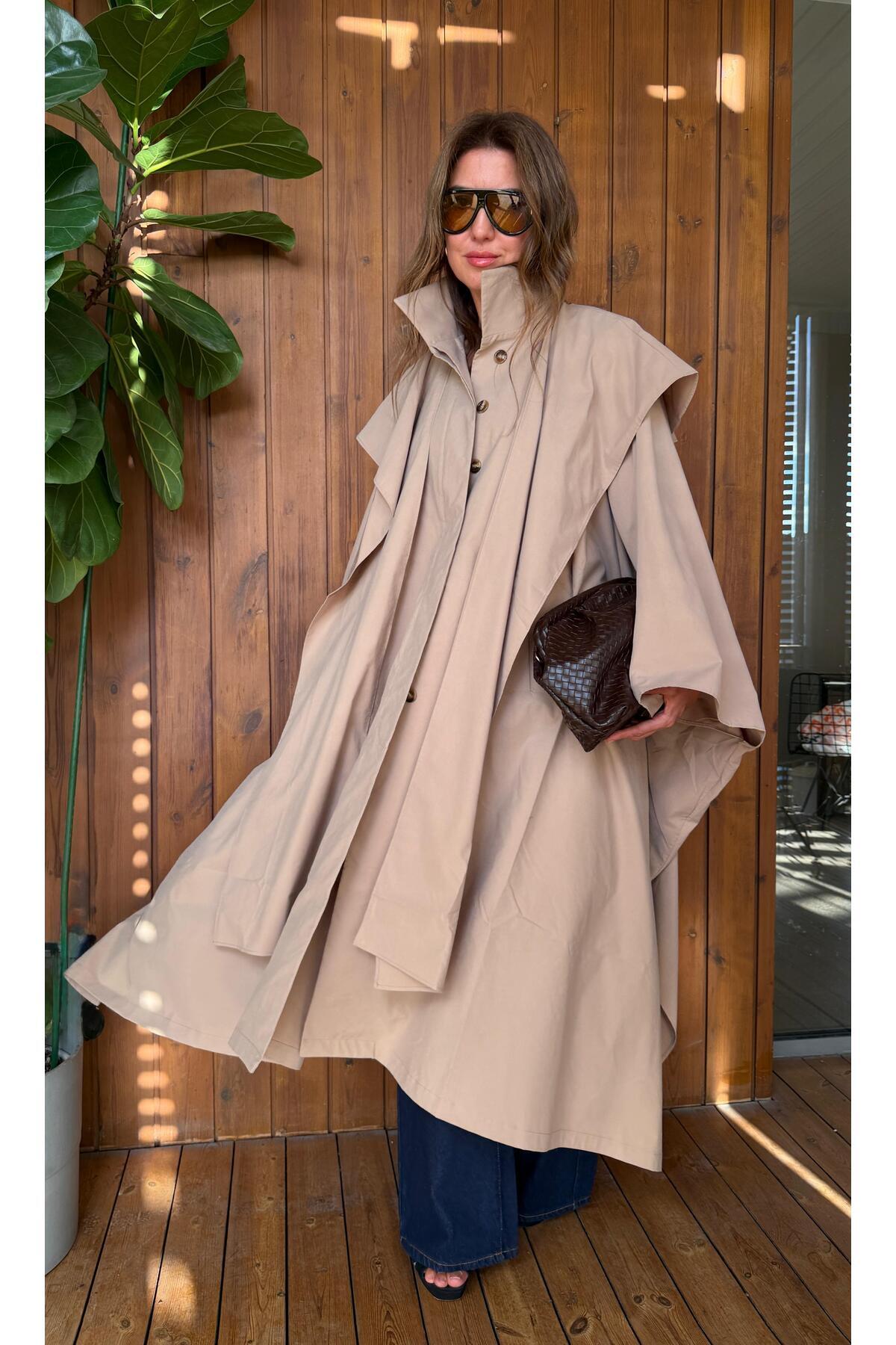 Aurélie Bej Oversize Pelerin Detaylı Uzun Trençkot görsel 8