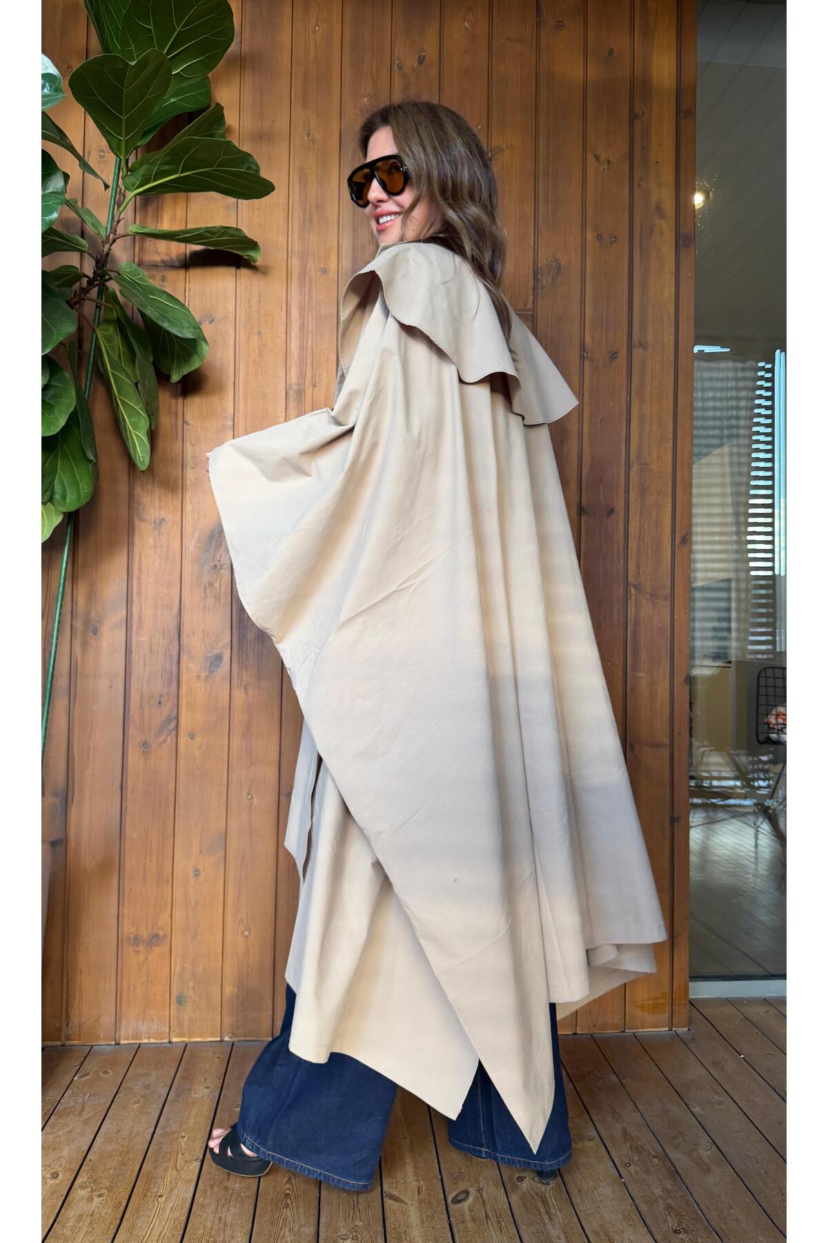 Aurélie Bej Oversize Pelerin Detaylı Uzun Trençkot görsel 3