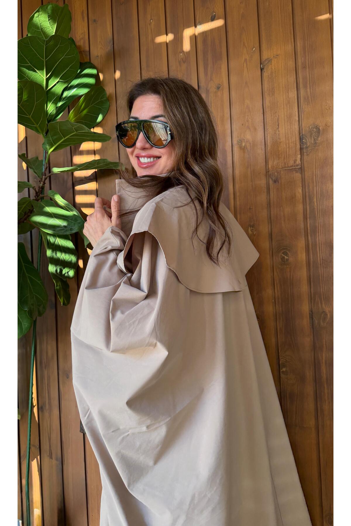 Aurélie Bej Oversize Pelerin Detaylı Uzun Trençkot görsel 5