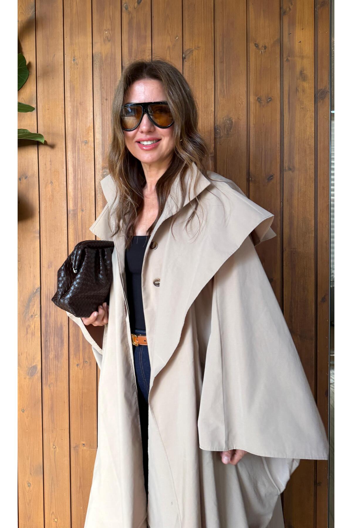 Aurélie Bej Oversize Pelerin Detaylı Uzun Trençkot görsel 6