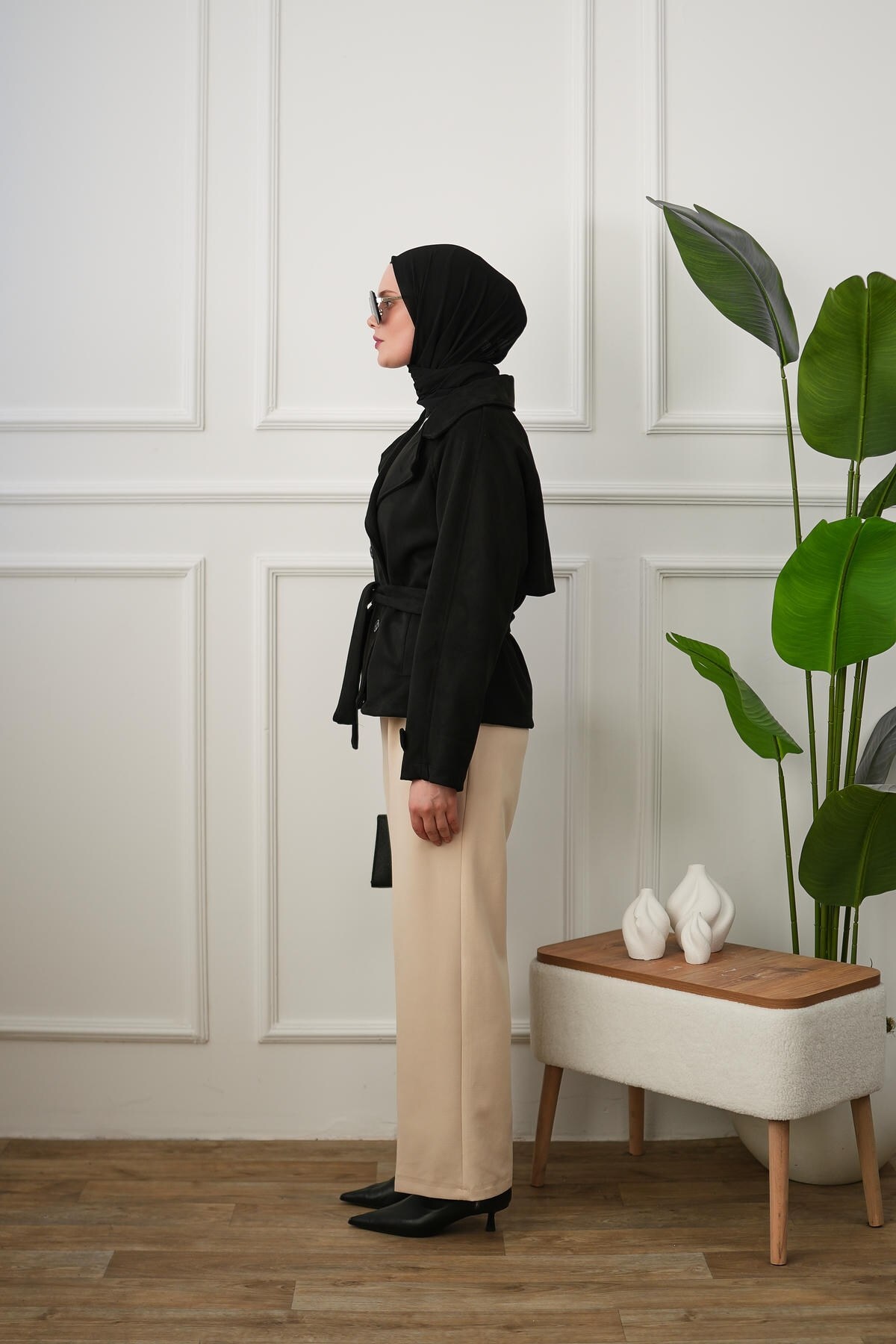 Arze Store Kuşaklı Çift Düğmeli Süet Trençkot - Siyah görsel 2