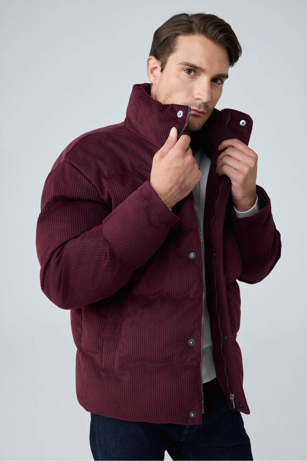 Erkek Su Geçirmez Kadife Puffer Şişme Mont Bordo 4346DNGR — رنگارنگ — تصویر 6 از 7