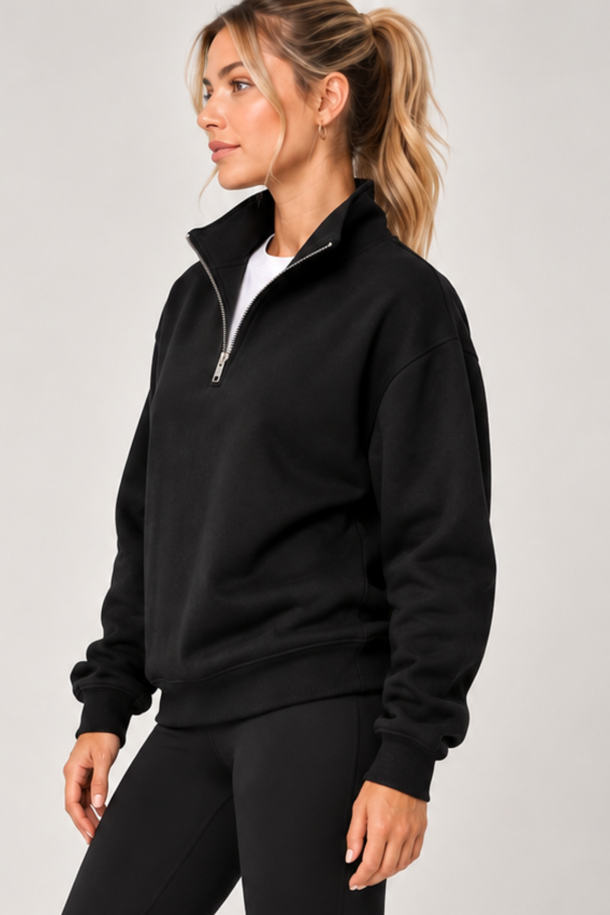 GENIUS STORE Kadın Sweatshirt Dik Yaka Yarım Fermuarlı Oversize Kalıp İçi Polarlı Kadın Spor Sweatshirt görsel 3
