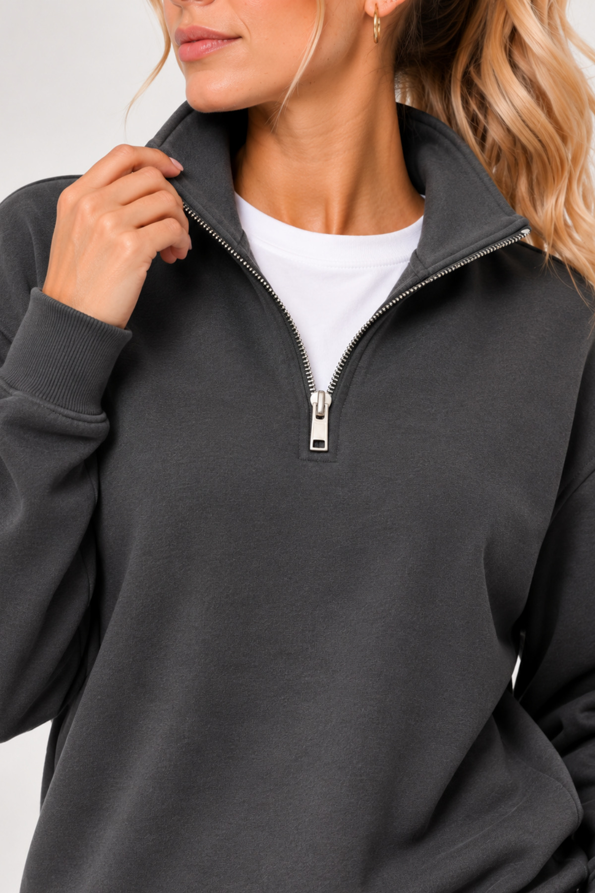 GENIUS STORE Kadın Sweatshirt Dik Yaka Yarım Fermuarlı Oversize Kalıp İçi Polarlı Kadın Spor Sweatshirt görsel 4