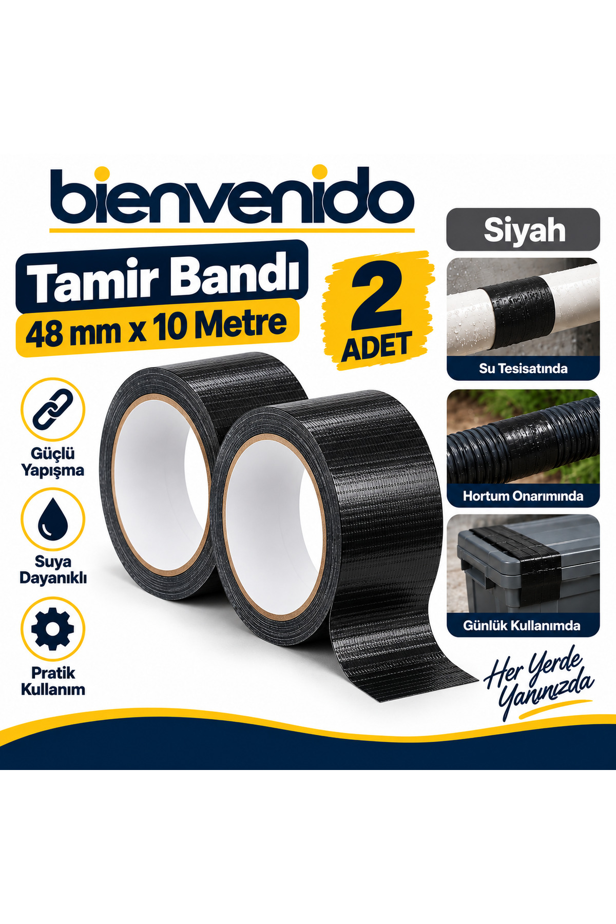 Siyah Tamir İzolasyon Bandı 48 Mm X 10 Metre Genel Duct Tape Su Geçirmez Sızdırmazlık Takviye Bantları 2 Adet BIE-TB-48X10-SYH2, one size
