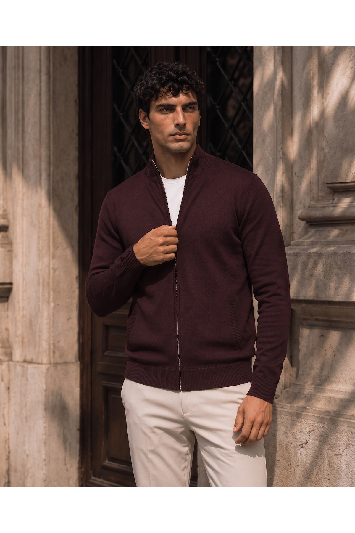 Volare Premium Likralı Fermuarlı Erkek Triko Hırka - Koyu Bordo — زرشکی DH10016 — تصویر 5 از 7