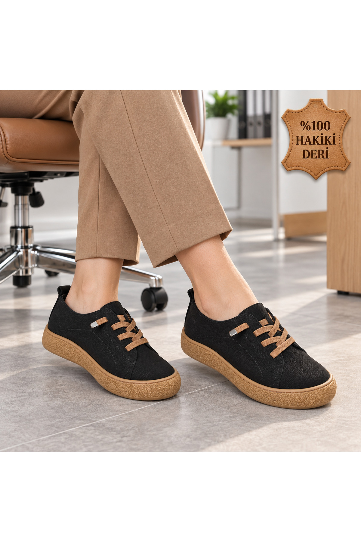 NEWORA Kadın %100 Hakiki Deri Bağcıklı Günlük Ayakkabı Rahat Tabanlı Casual Sneaker görsel 4