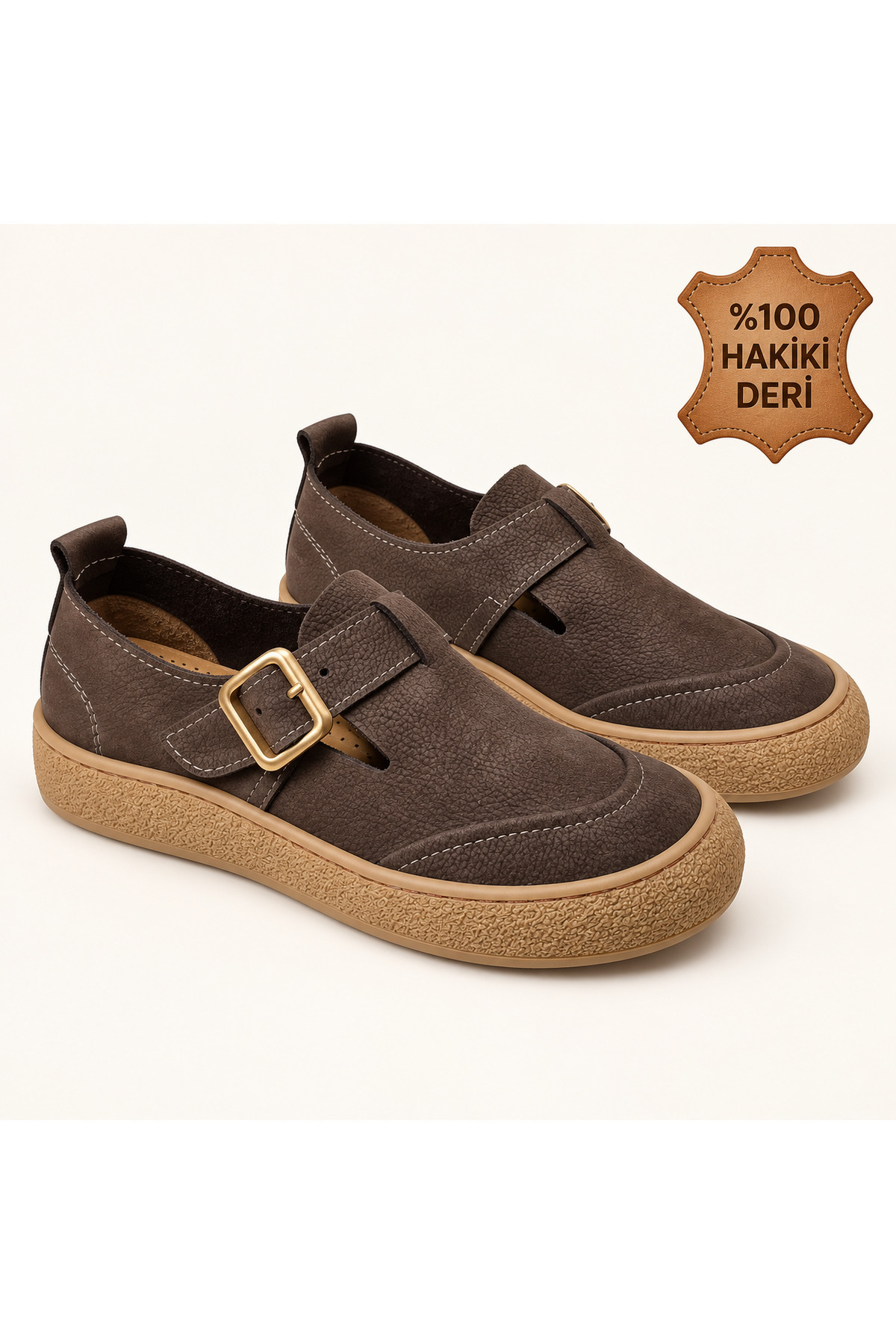 NEWORA Kadın %100 Hakiki Deri Tokalı Günlük Ayakkabı Yuvarlak Burun Casual Sneaker