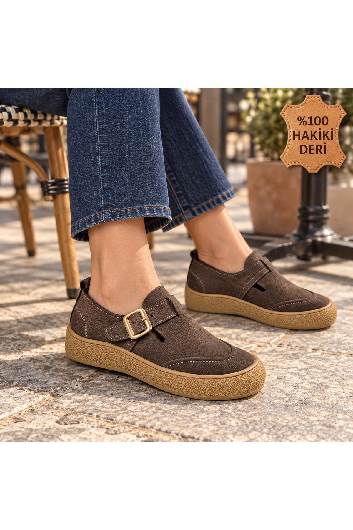 NEWORA Kadın %100 Hakiki Deri Tokalı Günlük Ayakkabı Yuvarlak Burun Casual Sneaker görsel 5