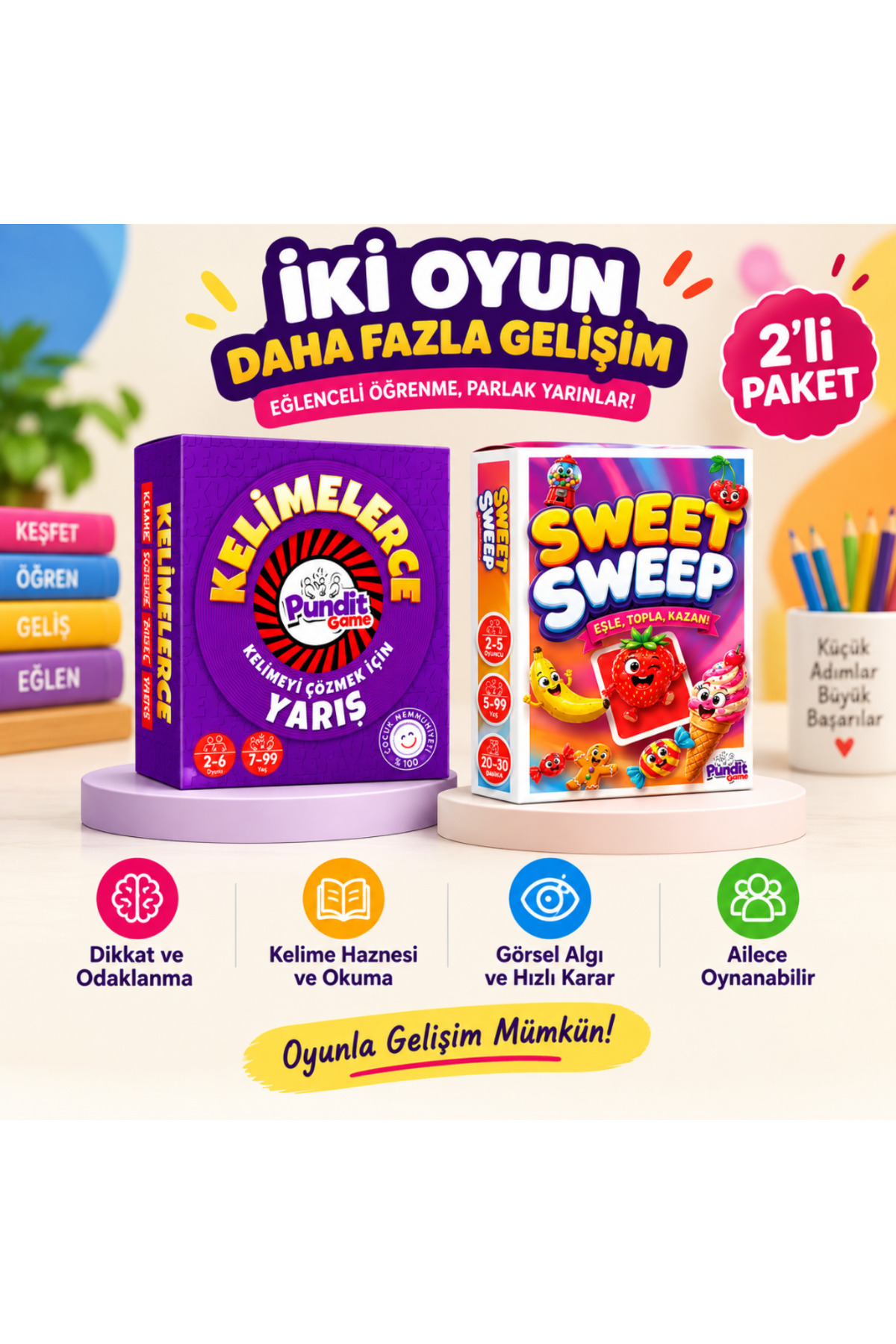 fibroidanne Sweet Sweep & Kelimelerce 2'li Eğitim ve Zeka Oyunu Paketi | Dikkat, Odaklanma ve Kelime Gelişimi