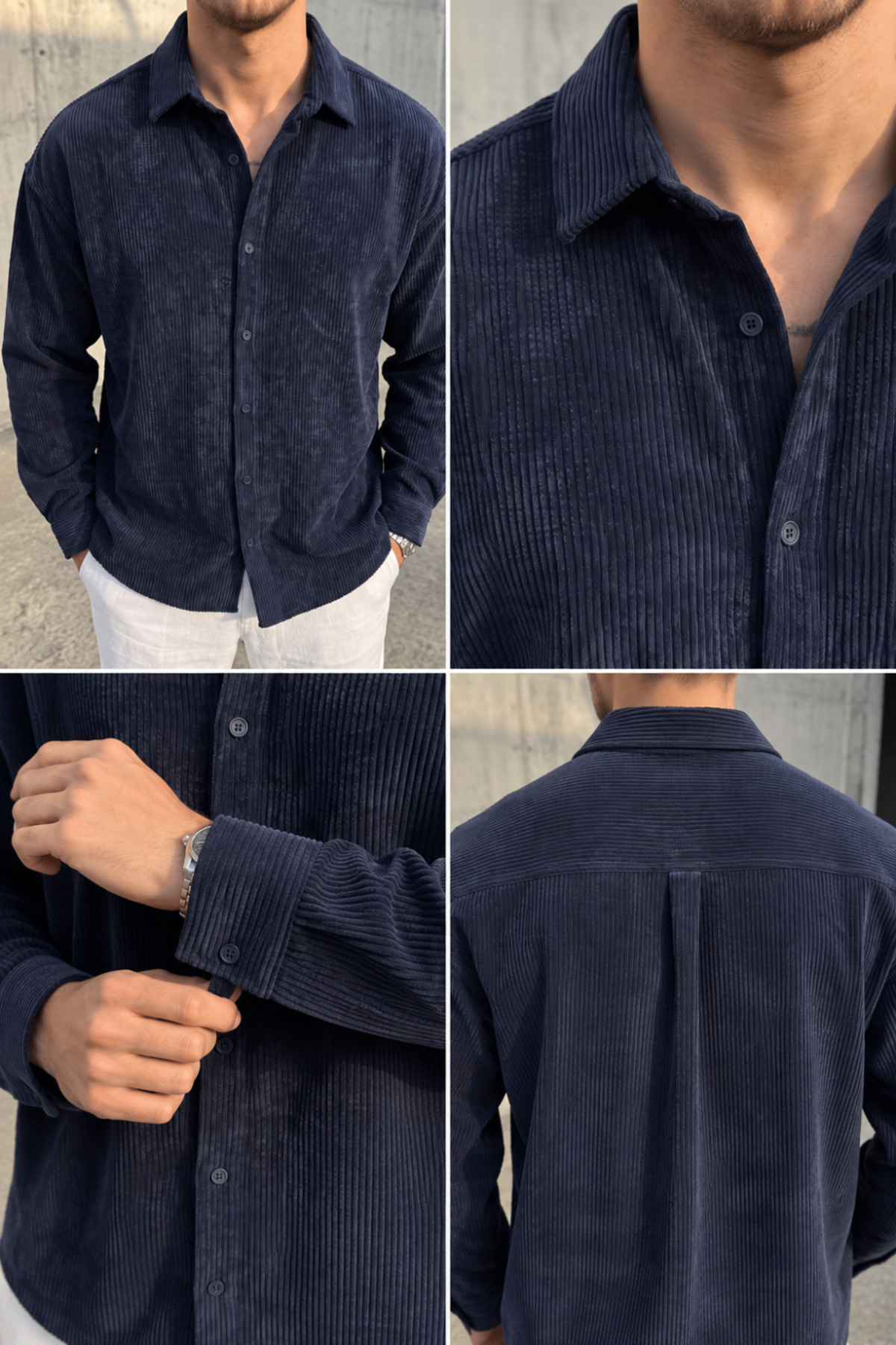 Erkek Regular Fit Fitilli Kadife Uzun Kollu Gömlek - Lacivert — سرمه‌ای 1517PLST — تصویر 5 از 5