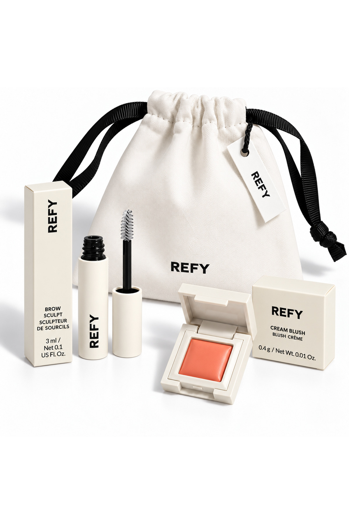 مجموعة مكياج ميني 3 قطع – Brow Sculpt 3 مل + Cream Blush 0.4 جم + حقيبة برباط