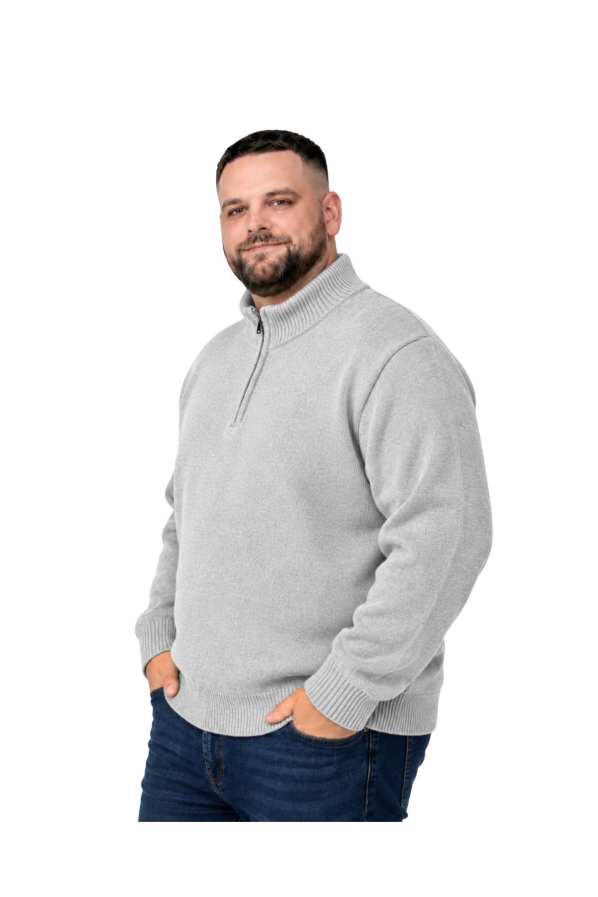 BattalModa Erkek Büyük Beden Açık Gri Hattush Fermuarlı Dik Yaka Triko Kazak 3XL-4XL-5XL-6XL görsel 2
