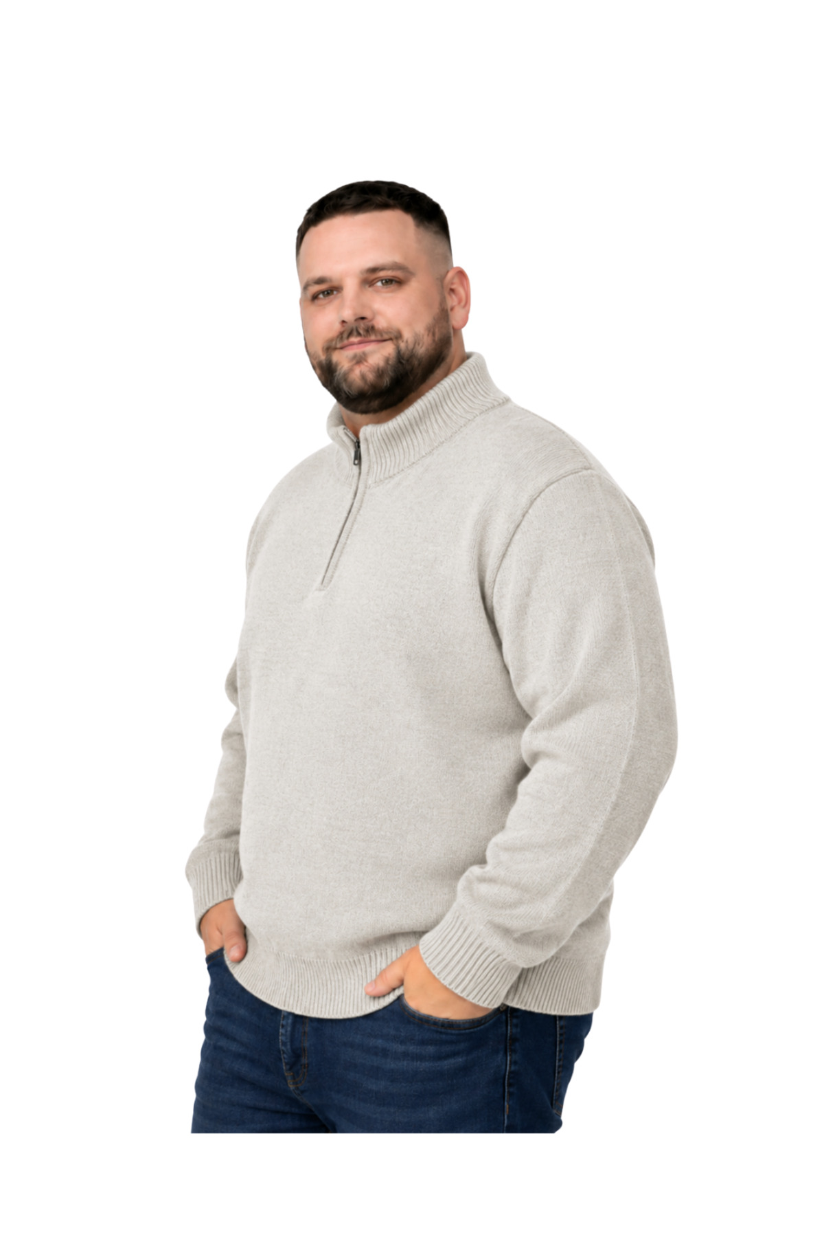 BattalModa Erkek Büyük Beden Koyu Bej Hattush Fermuarlı Dik Yaka Triko Kazak 3XL-4XL-5XL-6XL görsel 2