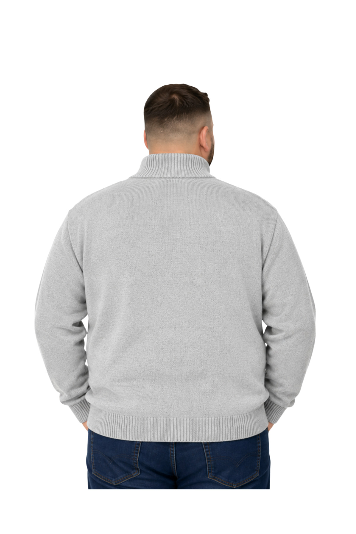 BattalModa Erkek Büyük Beden Açık Gri Hattush Fermuarlı Dik Yaka Triko Kazak 3XL-4XL-5XL-6XL görsel 3