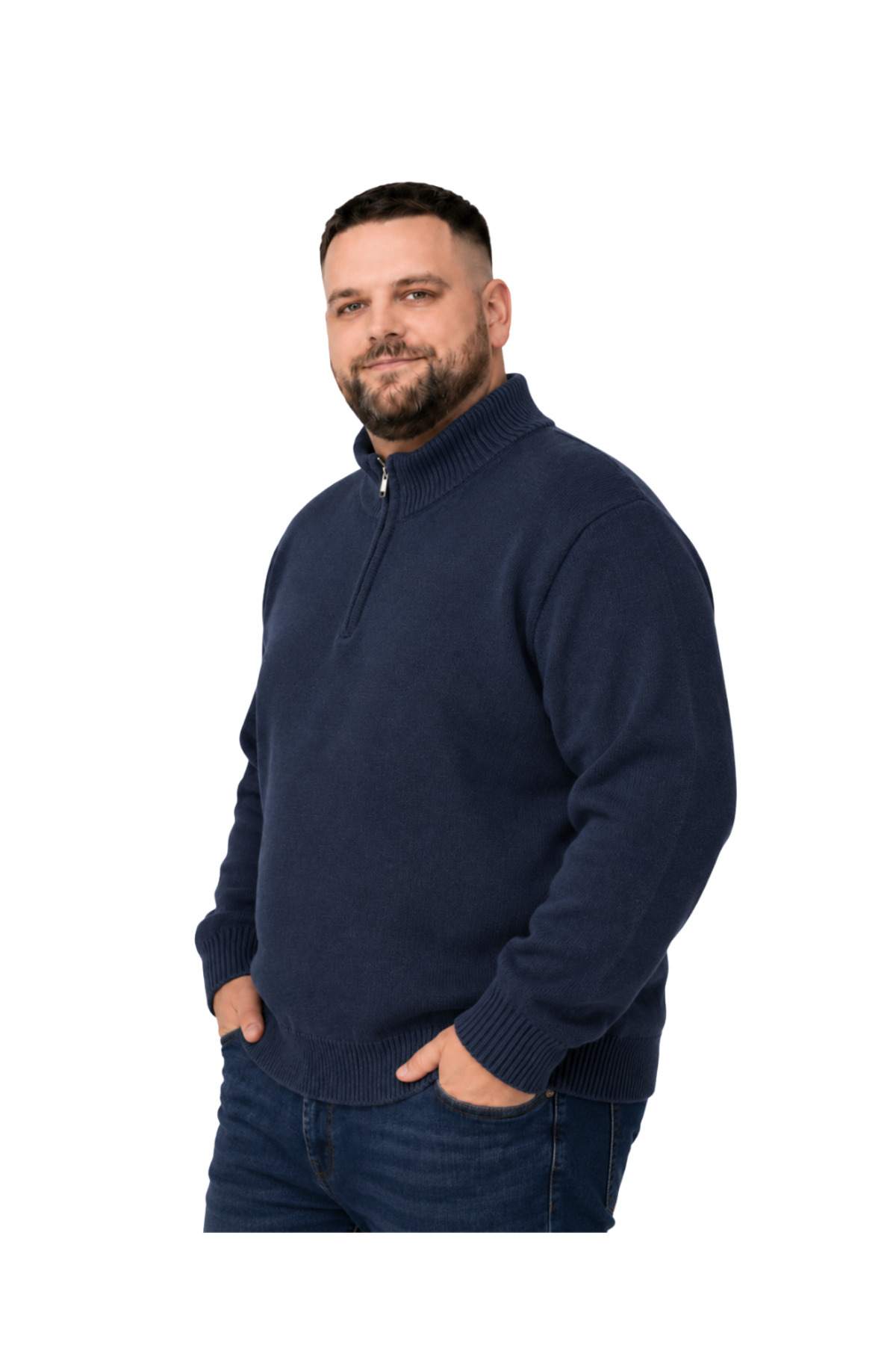 BattalModa Erkek Büyük Beden Lacivert Hattush Fermuarlı Dik Yaka Triko Kazak 3XL-4XL-5XL-6XL görsel 2