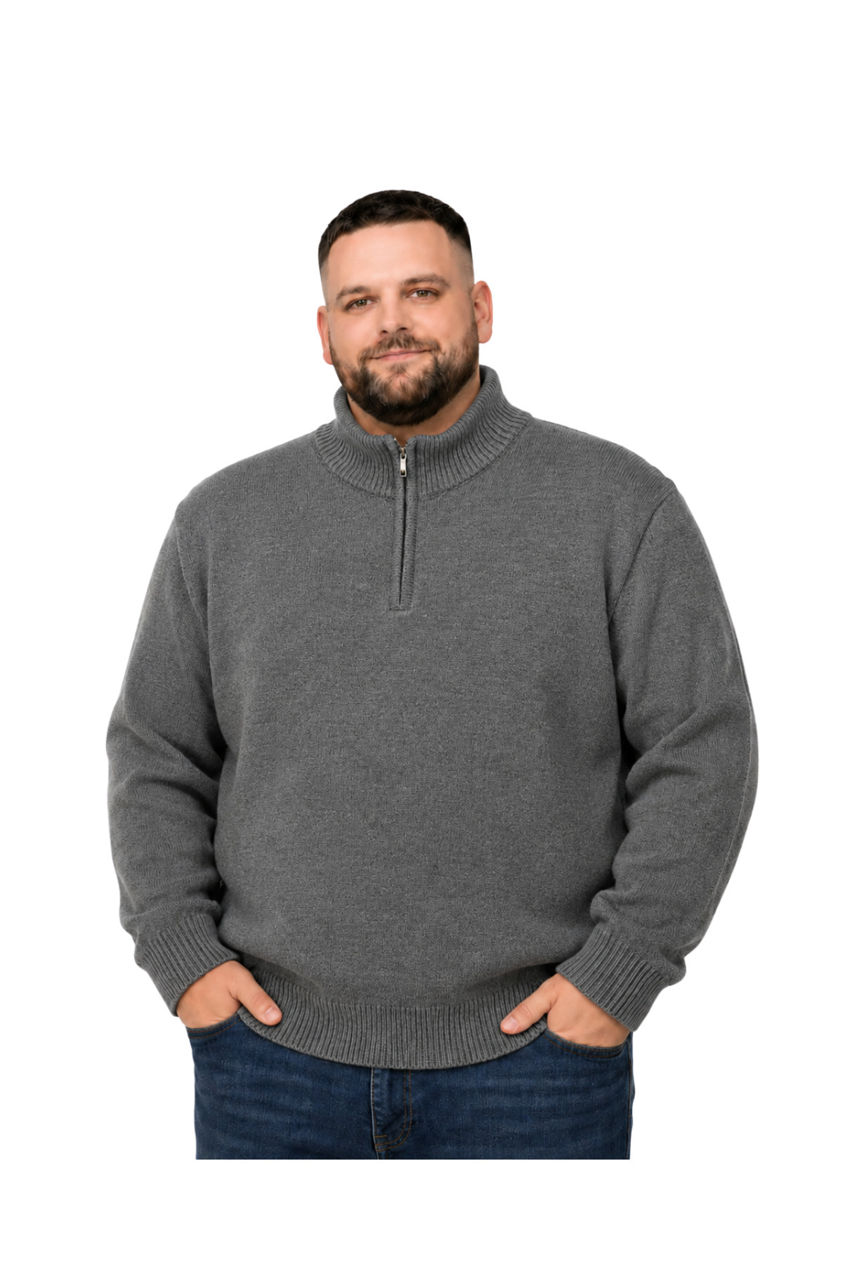 BattalModa Erkek Büyük Beden Füme Hattush Fermuarlı Dik Yaka Triko Kazak 3XL-4XL-5XL-6XL