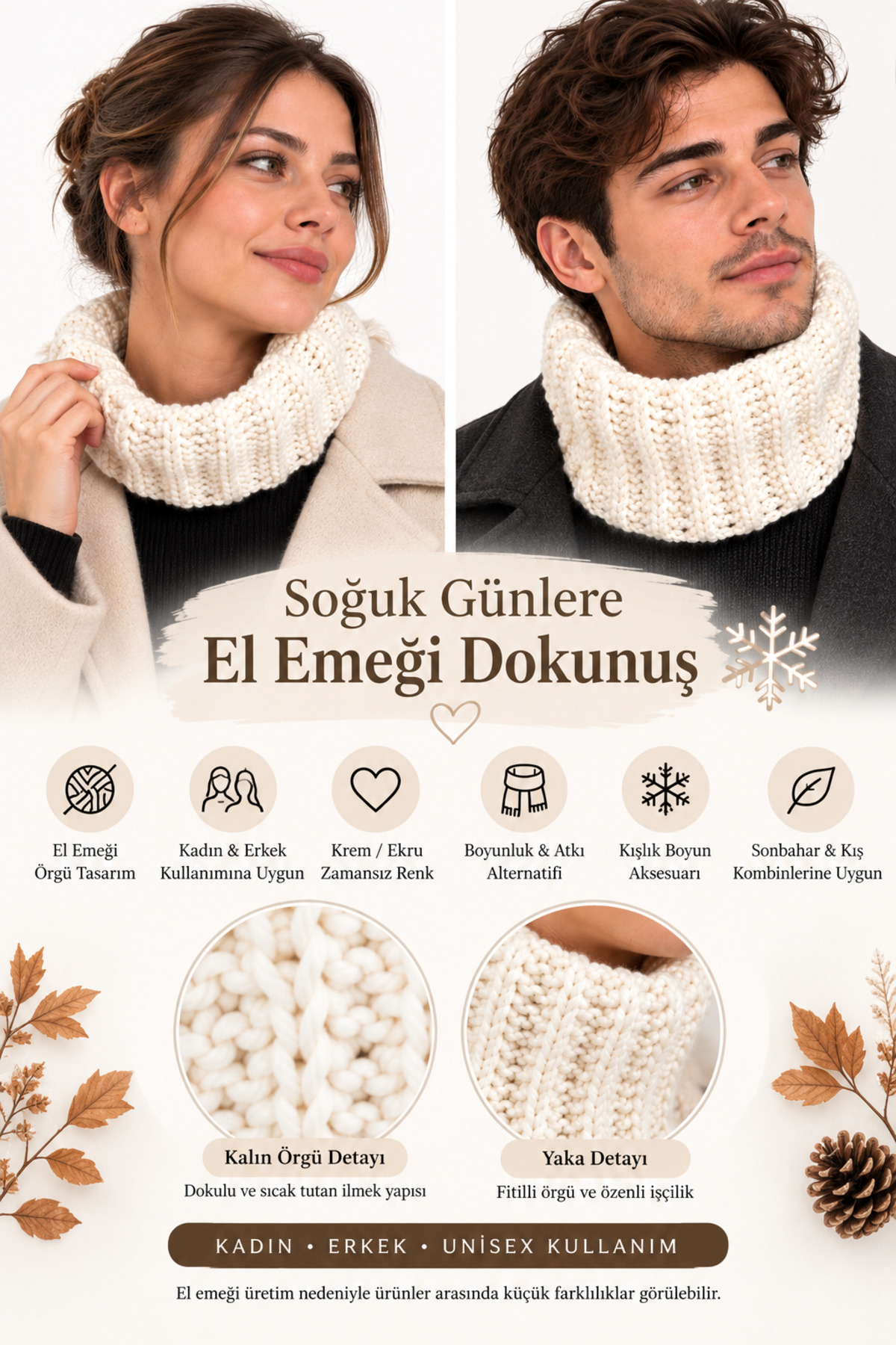 NEHOLİA Kadın Erkek kombin Boyunluk Atkı Unisex Krem Kışlık görsel 2