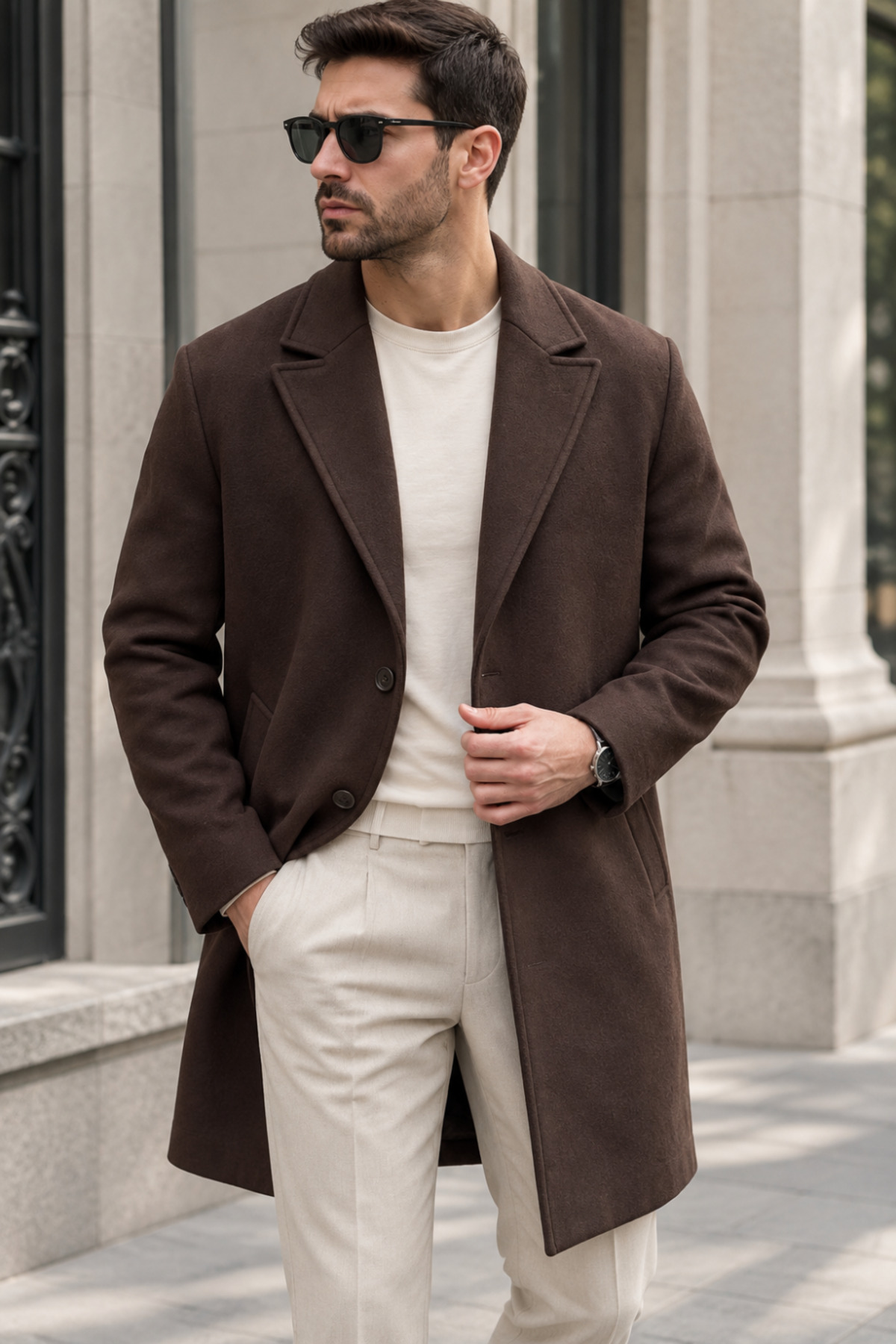 Erkek Klasik Yaka Tek Sıra Düğmeli Regular Fit Uzun Kaban - Kahve — قهوه‌ای 1518PLST — تصویر 2 از 4