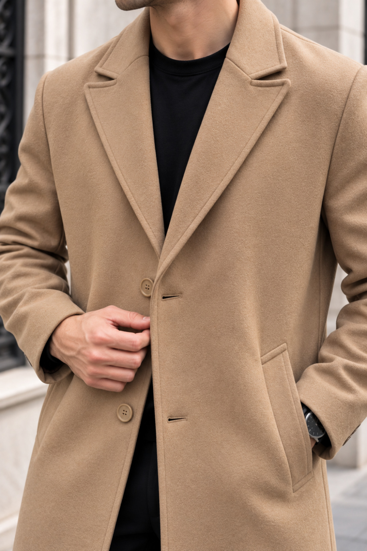 Erkek Klasik Yaka Tek Sıra Düğmeli Regular Fit Uzun Kaban - Camel — قهوه‌ای 1518PLST — تصویر 3 از 4