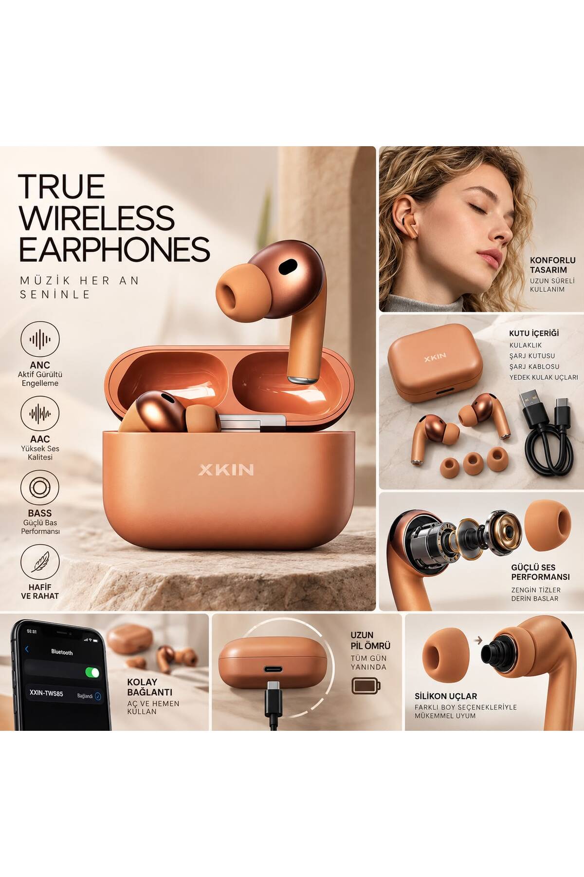 Nomker iPhone 17 Pro Max Uyumlu TWS85 Bluetooth Kablosuz Kulaklık ANC Özellikli Silikon Uçlu Şarj Kutulu Stereo Kulak İçi Kulaklık