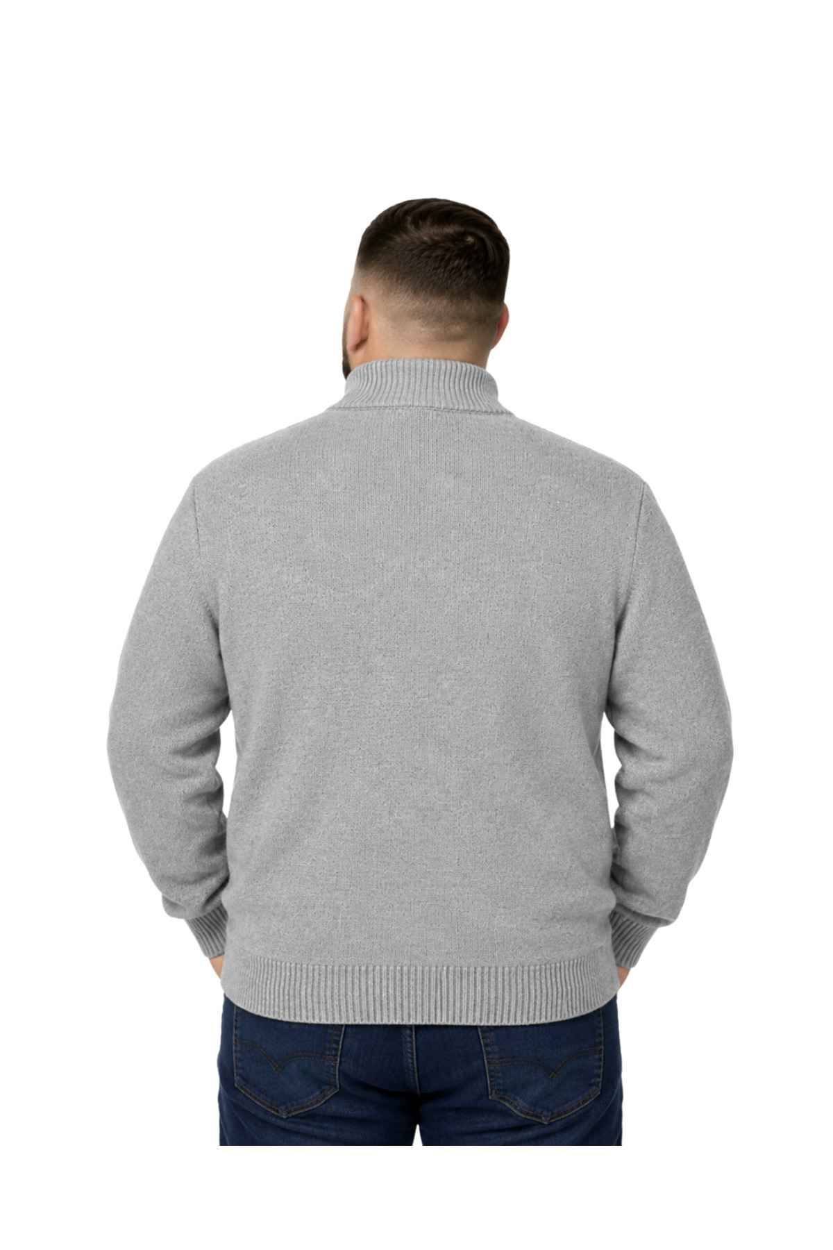 BattalModa Erkek Büyük Beden Açık Gri Hattush Dik Yaka Cepli Triko Hırka 3XL-4XL-5XL-6XL görsel 3