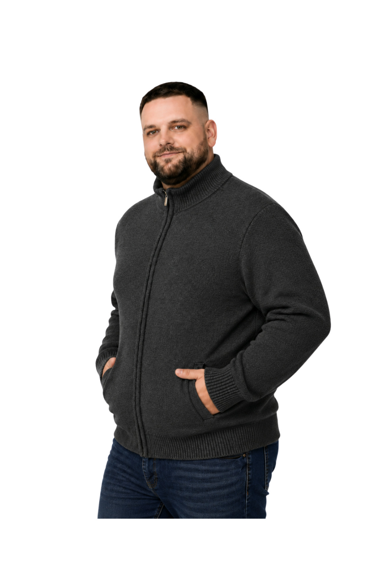 BattalModa Erkek Büyük Beden Antrasit Hattush Dik Yaka Cepli Triko Hırka 3XL-4XL-5XL-6XL görsel 2
