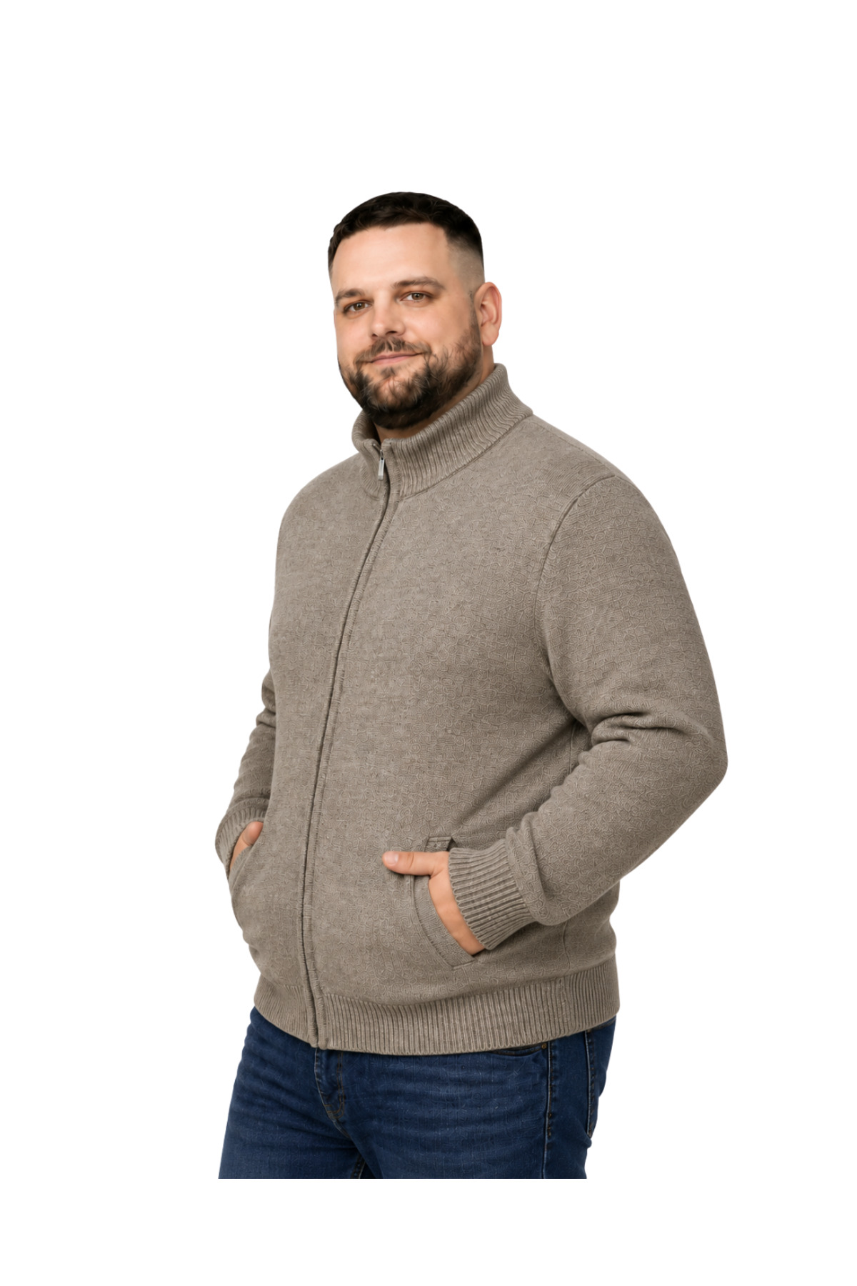 BattalModa Erkek Büyük Beden Vizon Hattush Dik Yaka Cepli Triko Hırka 3XL-4XL-5XL-6XL görsel 2
