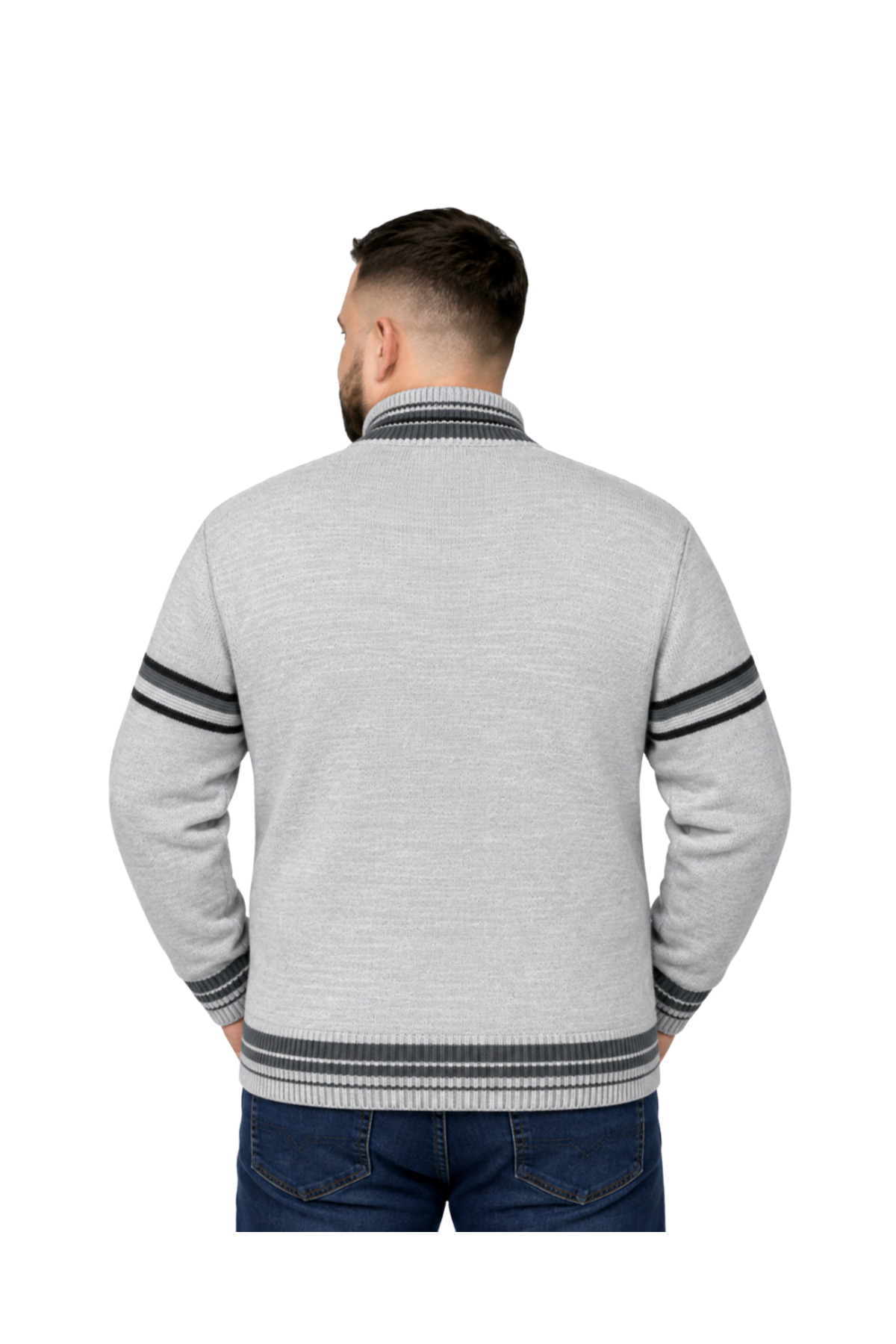 BattalModa Erkek Büyük Beden Açık Gri Desenli Cepli Triko Hırka 3XL-4XL-5XL-6XL görsel 3