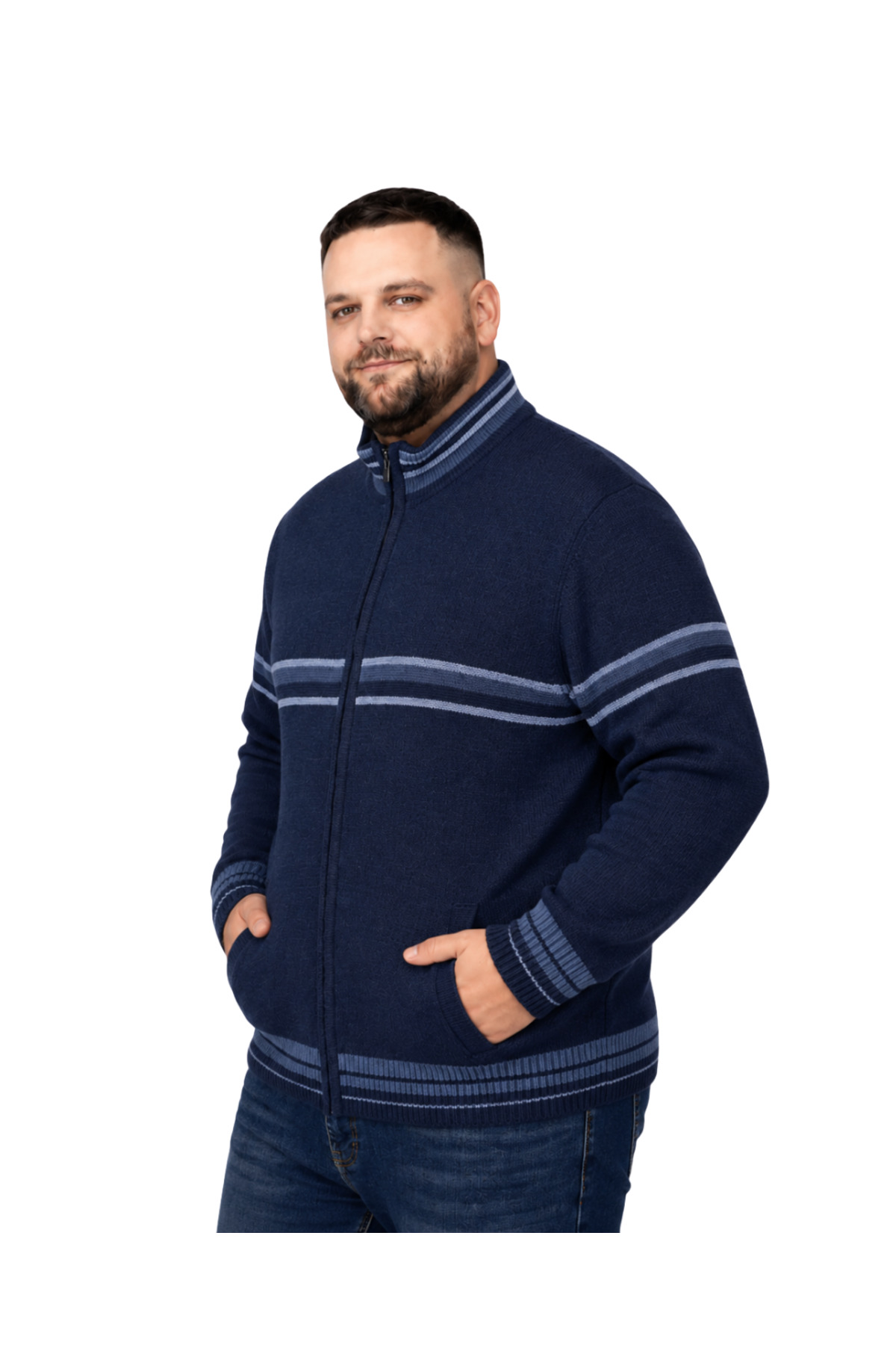 BattalModa Erkek Büyük Beden Lacivert Desenli Cepli Triko Hırka 3XL-4XL-5XL-6XL görsel 2