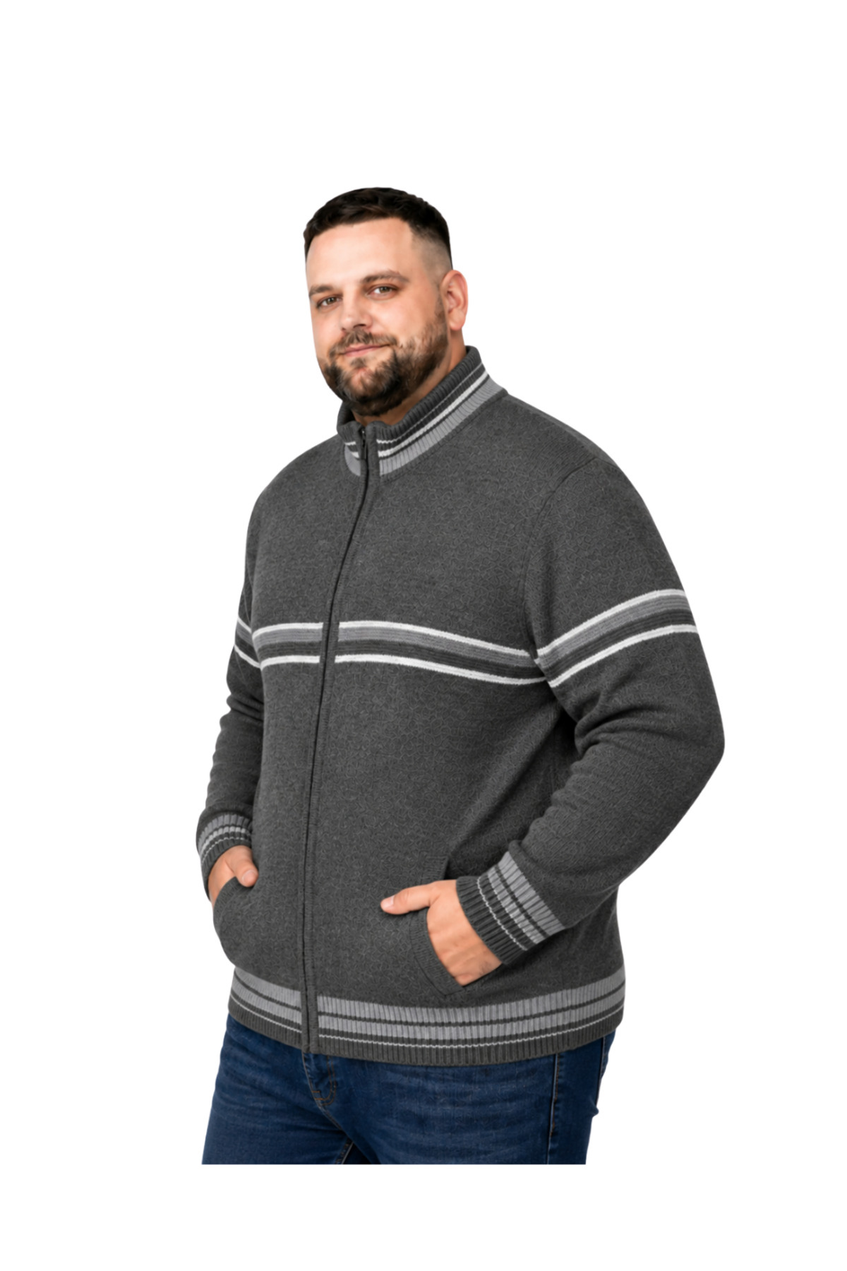 BattalModa Erkek Büyük Beden Füme Desenli Cepli Triko Hırka 3XL-4XL-5XL-6XL görsel 2
