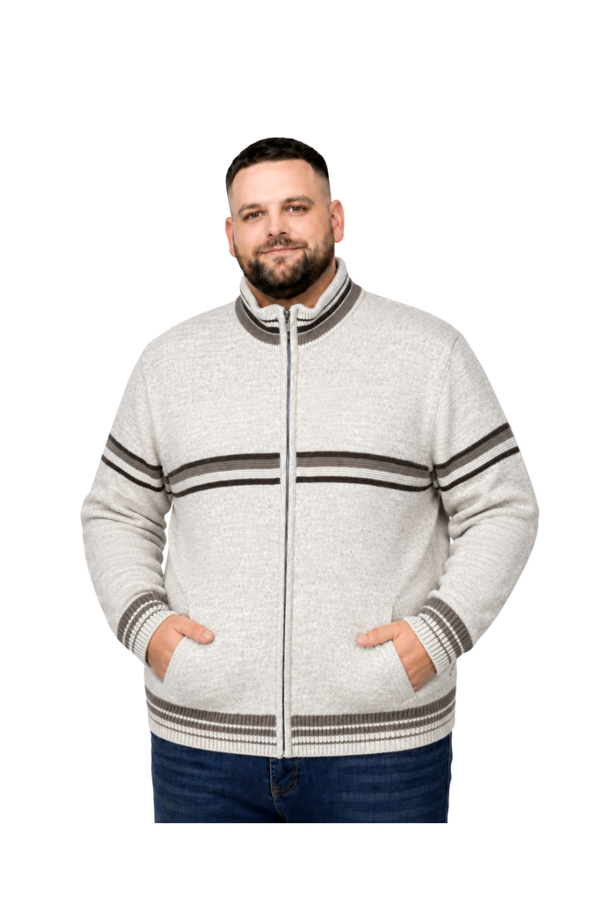 BattalModa Erkek Büyük Beden Koyu Bej Desenli Cepli Triko Hırka 3XL-4XL-5XL-6XL