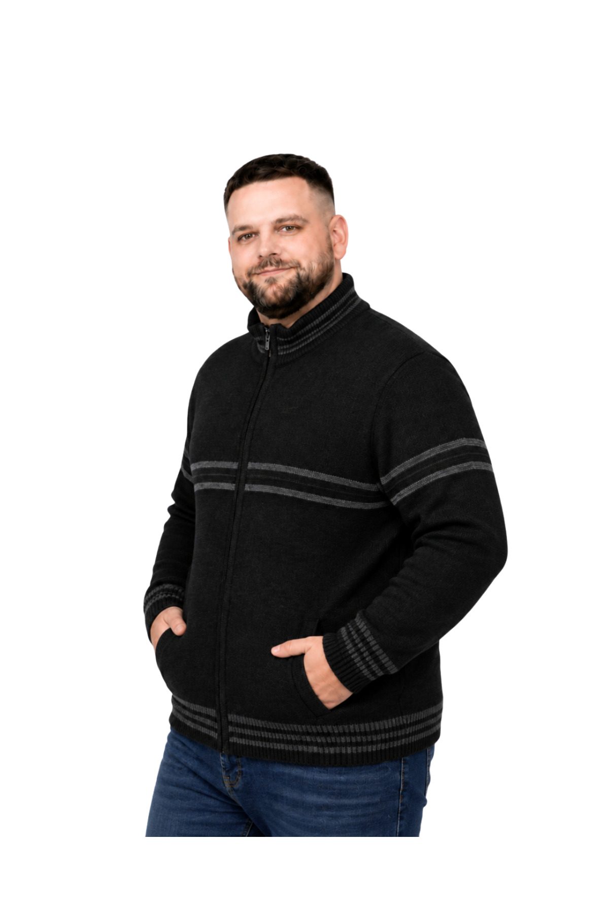 BattalModa Erkek Büyük Beden Siyah Desenli Cepli Triko Hırka 3XL-4XL-5XL-6XL görsel 2