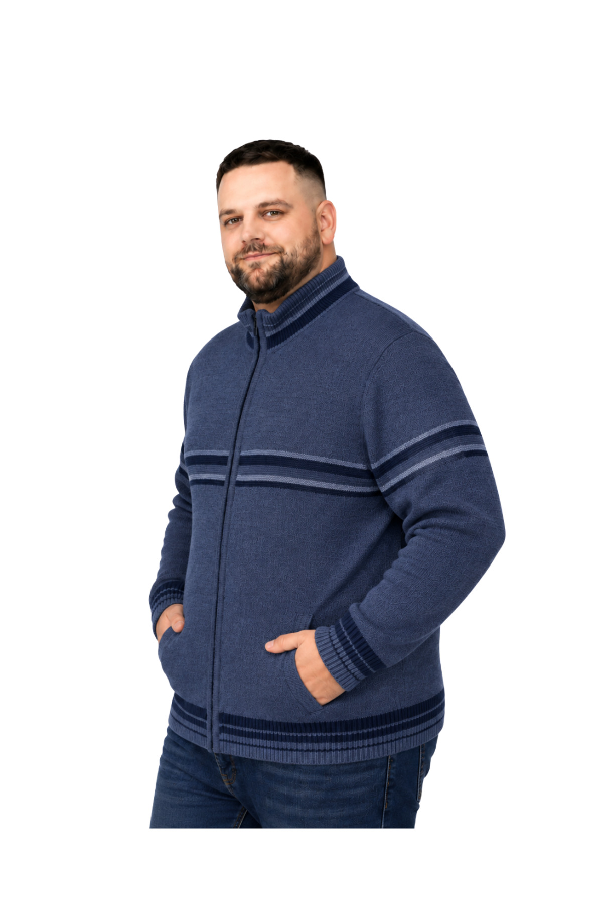BattalModa Erkek Büyük Beden İndigo Desenli Cepli Triko Hırka 3XL-4XL-5XL-6XL görsel 2