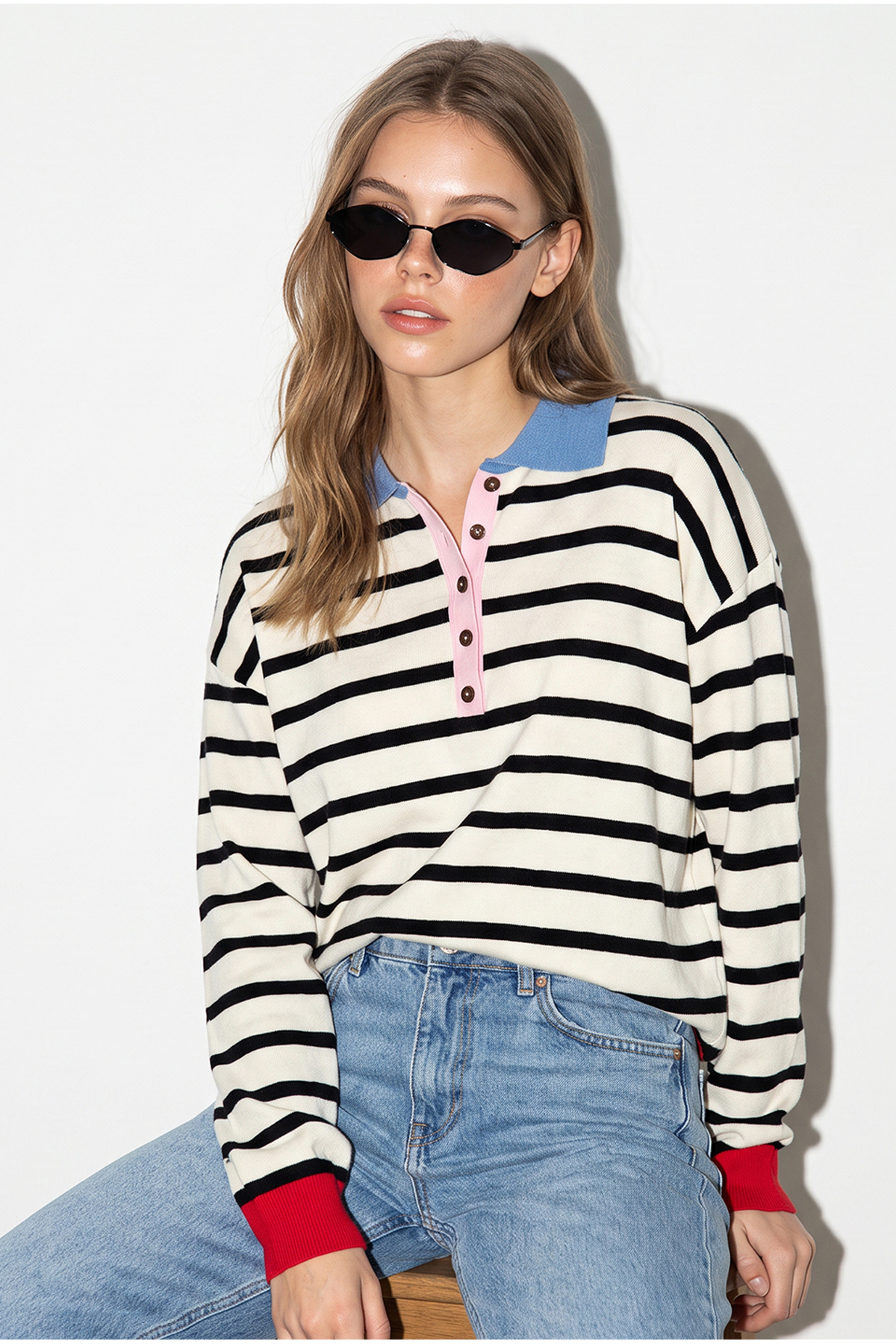 Bianco Lucci Kadın Siyah-Mavi Polo Yaka Düğmeli Çizgili Oversize Triko Kazak 2755 60286484