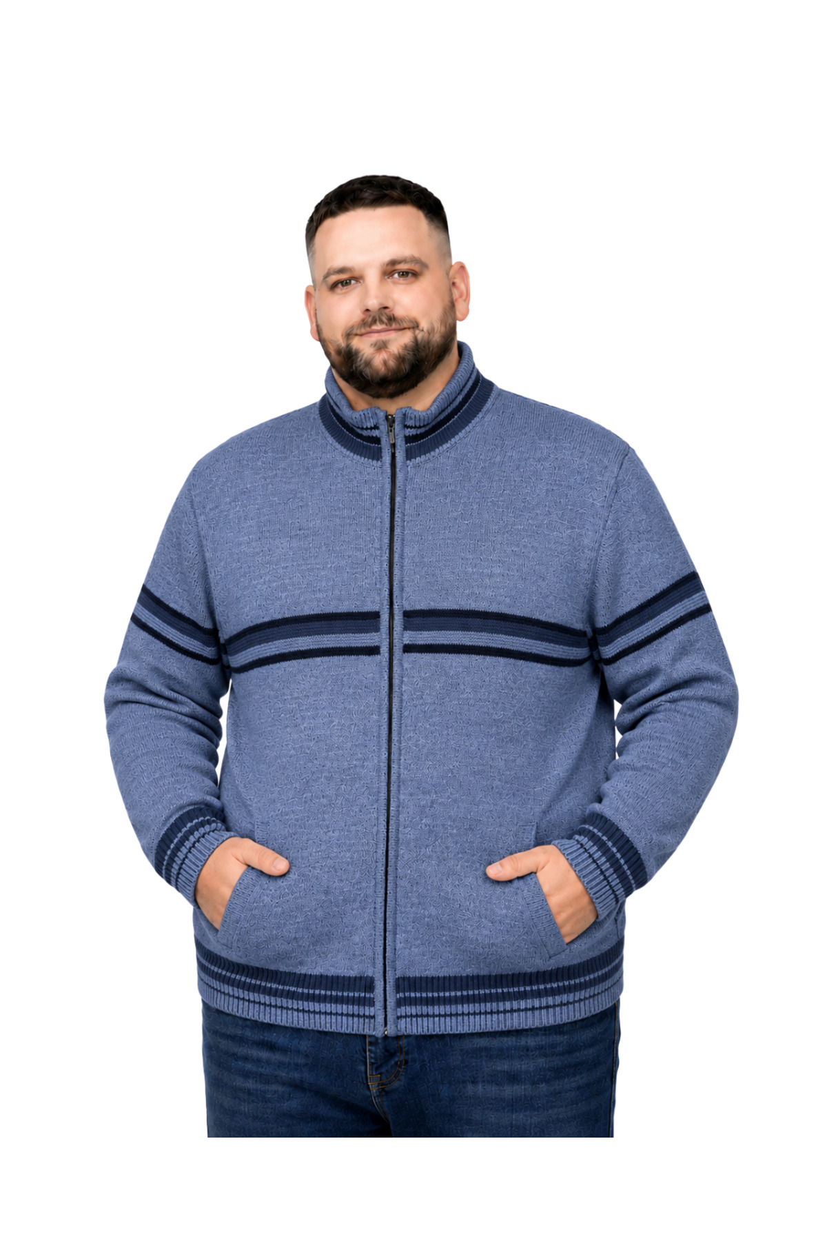 BattalModa Erkek Büyük Beden Havacı Desenli Cepli Triko Hırka 3XL-4XL-5XL-6XL