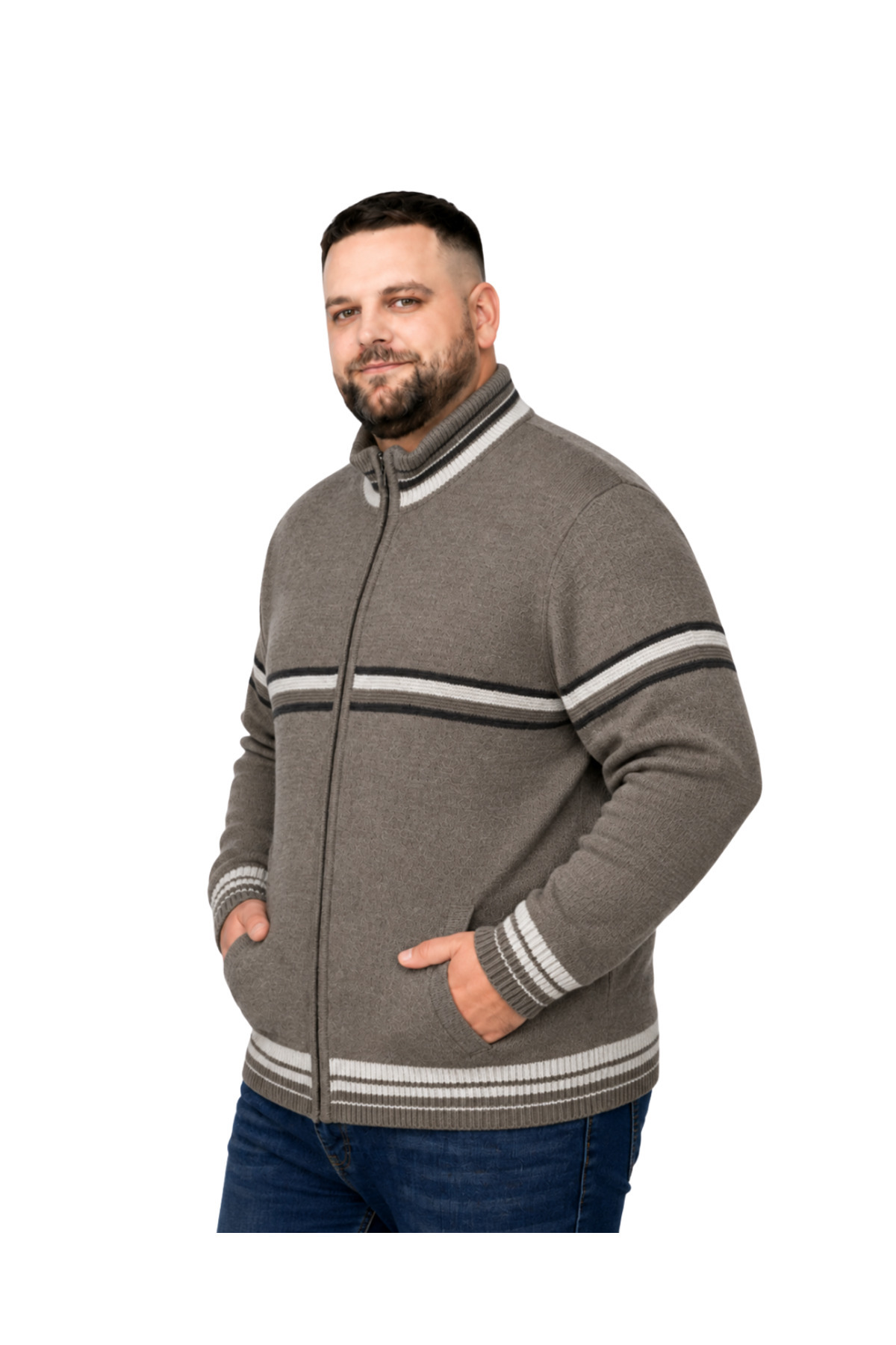 BattalModa Erkek Büyük Beden Vizon Desenli Cepli Triko Hırka 3XL-4XL-5XL-6XL görsel 2