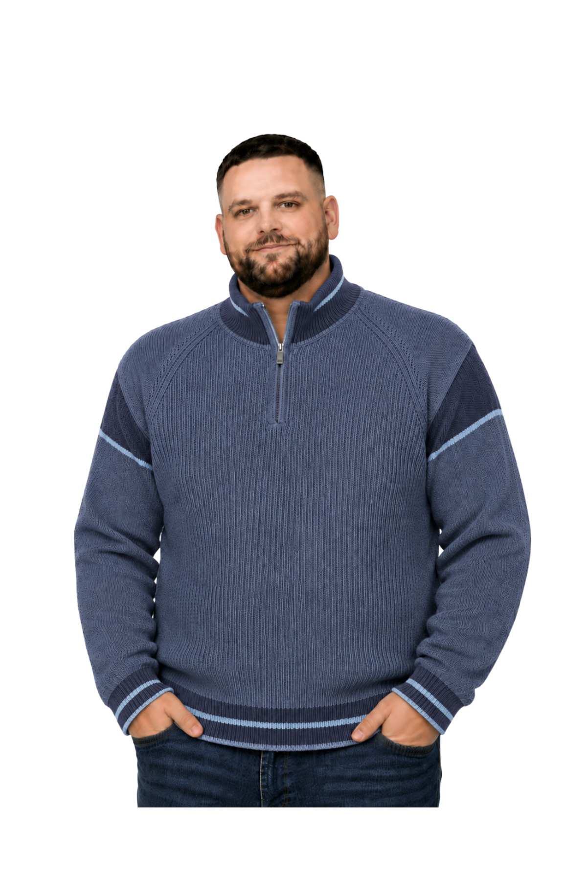 BattalModa Erkek Büyük Beden İndigo Hattush Fermuarlı Dik Yaka Desenli Triko Kazak 3XL-4XL-5XL-6XL