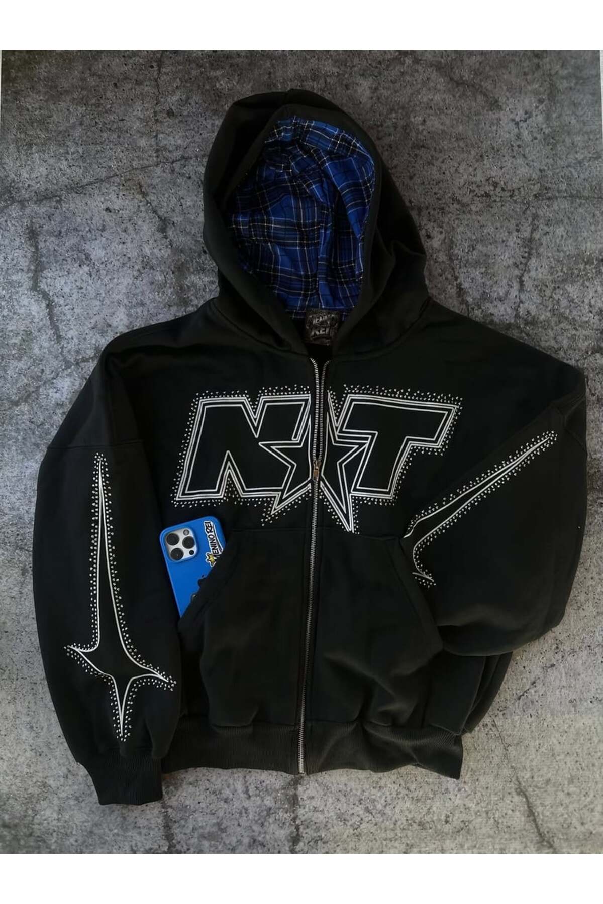 Siyah Oversize NXT Taş Baskılı Unisex Hırka — مشکی SOLO-CURRİK-56