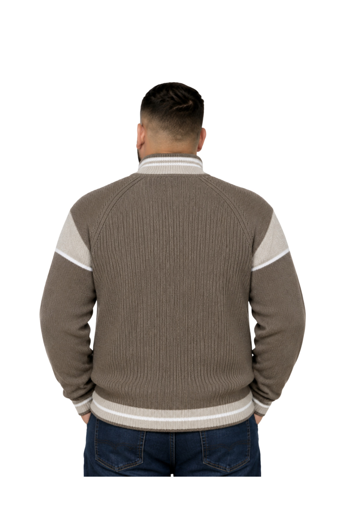 BattalModa Erkek Büyük Beden Vizon Hattush Fermuarlı Dik Yaka Desenli Triko Kazak 3XL-4XL-5XL-6XL görsel 3