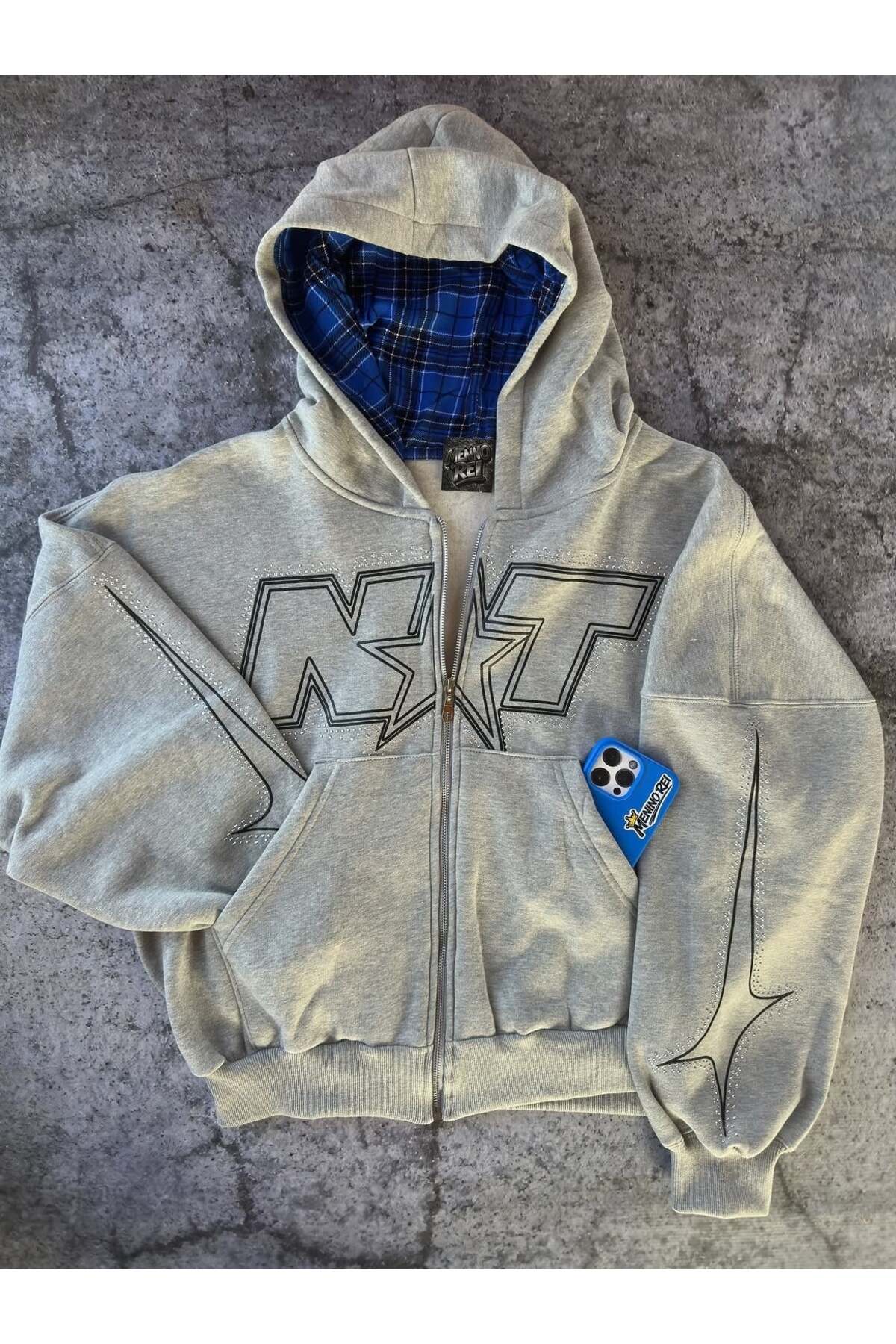 BALİNA Gri NXT Baskılı Unisex Oversize Hırka Hoodie