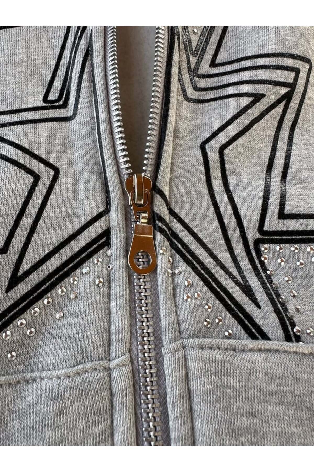 Gri Oversize NXT Taş Baskılı Unisex Hırka — خاکستری SOLO-CURRİK-56 — تصویر 3 از 3