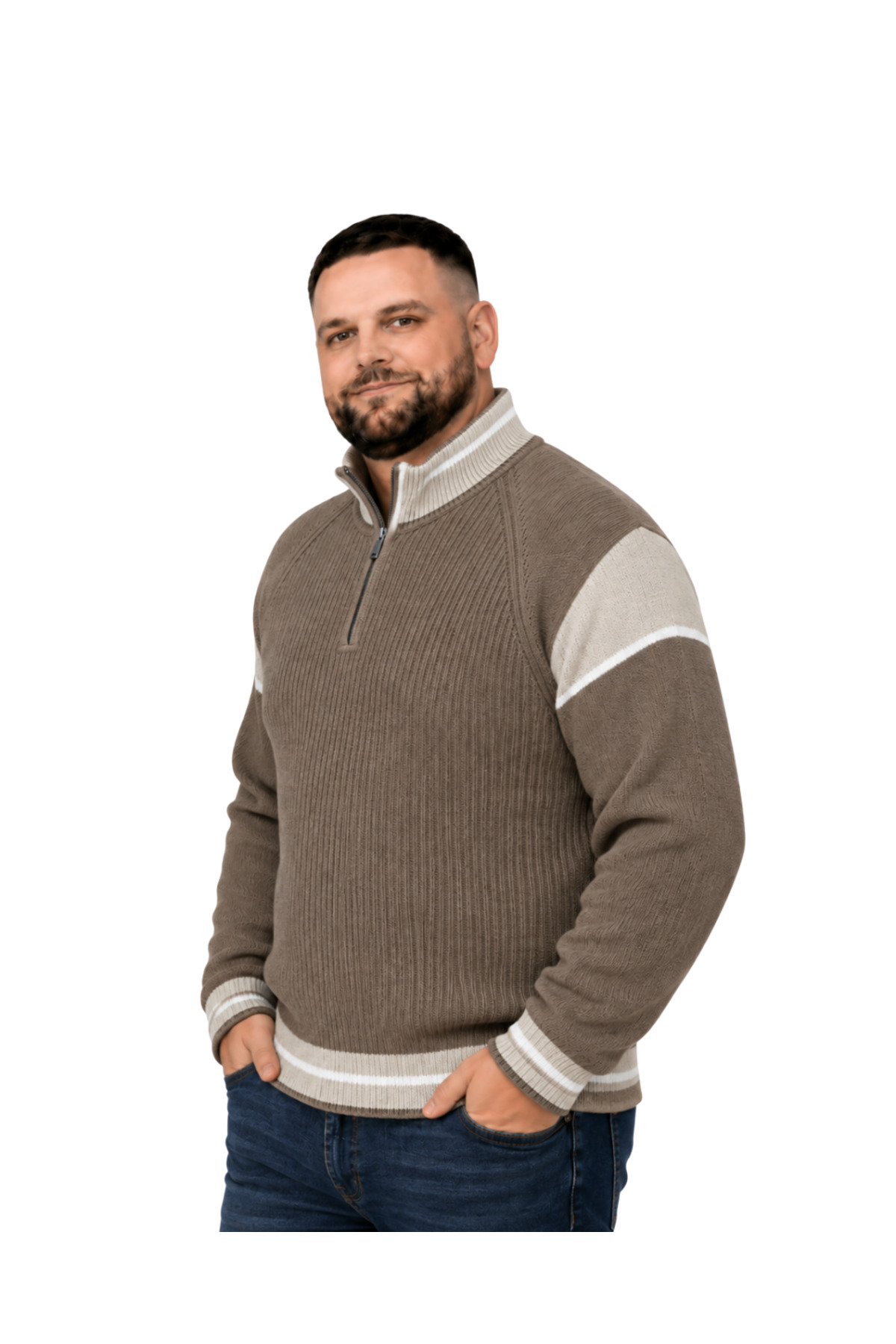 BattalModa Erkek Büyük Beden Vizon Hattush Fermuarlı Dik Yaka Desenli Triko Kazak 3XL-4XL-5XL-6XL görsel 2