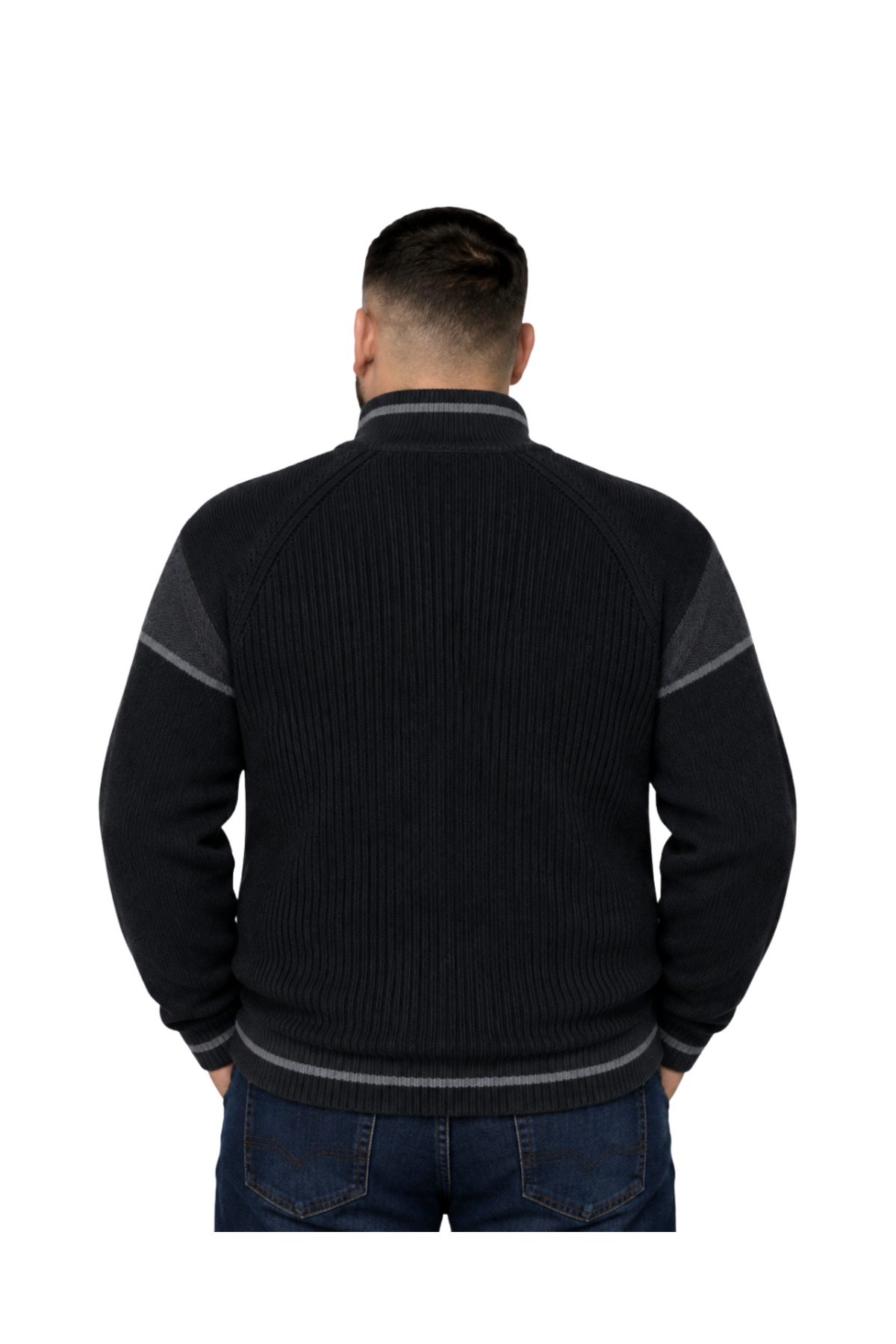 BattalModa Erkek Büyük Beden Siyah Hattush Fermuarlı Dik Yaka Desenli Triko Kazak 3XL-4XL-5XL-6XL görsel 3