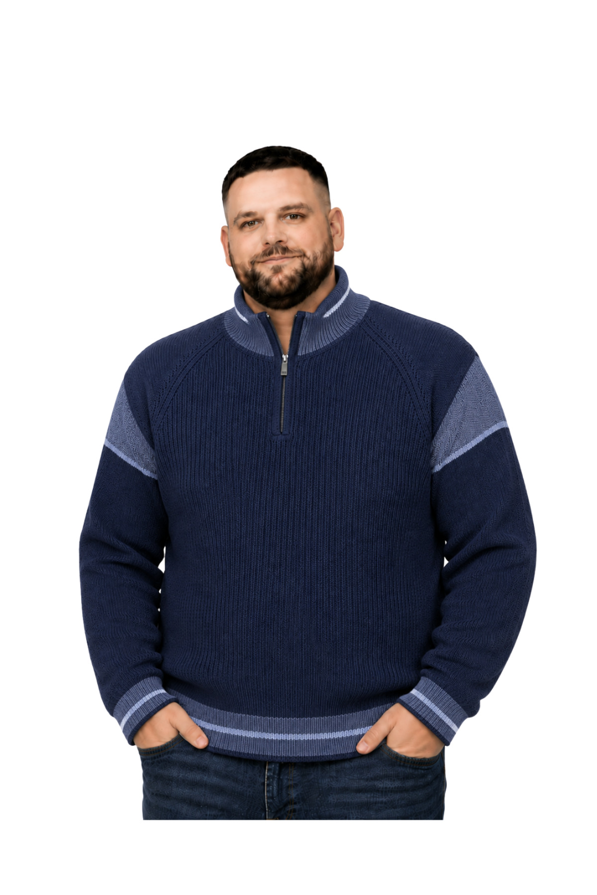 BattalModa Erkek Büyük Beden Lacivert Hattush Fermuarlı Dik Yaka Desenli Triko Kazak 3XL-4XL-5XL-6XL