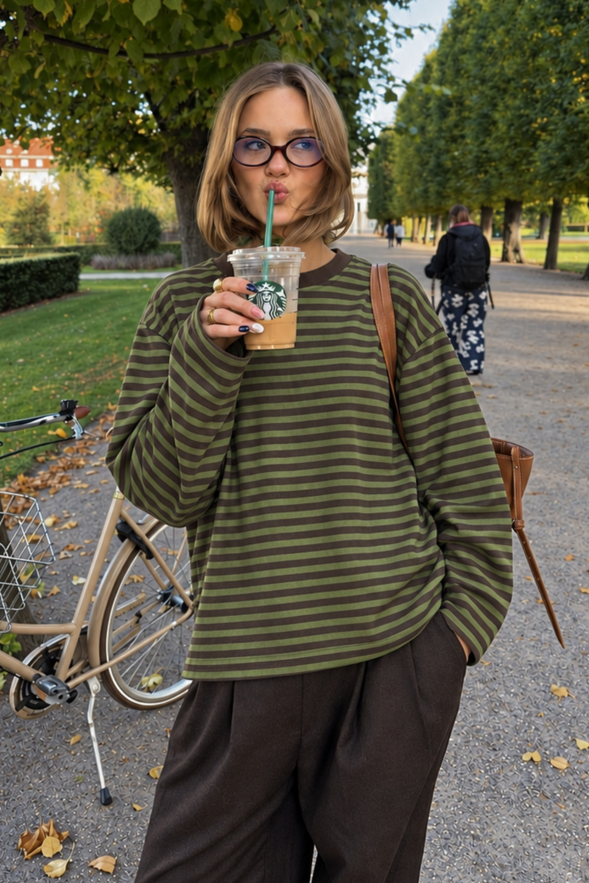 Kadın Yeşil Kahverengi Çizgili Bisiklet Yaka Oversize Sweatshirt