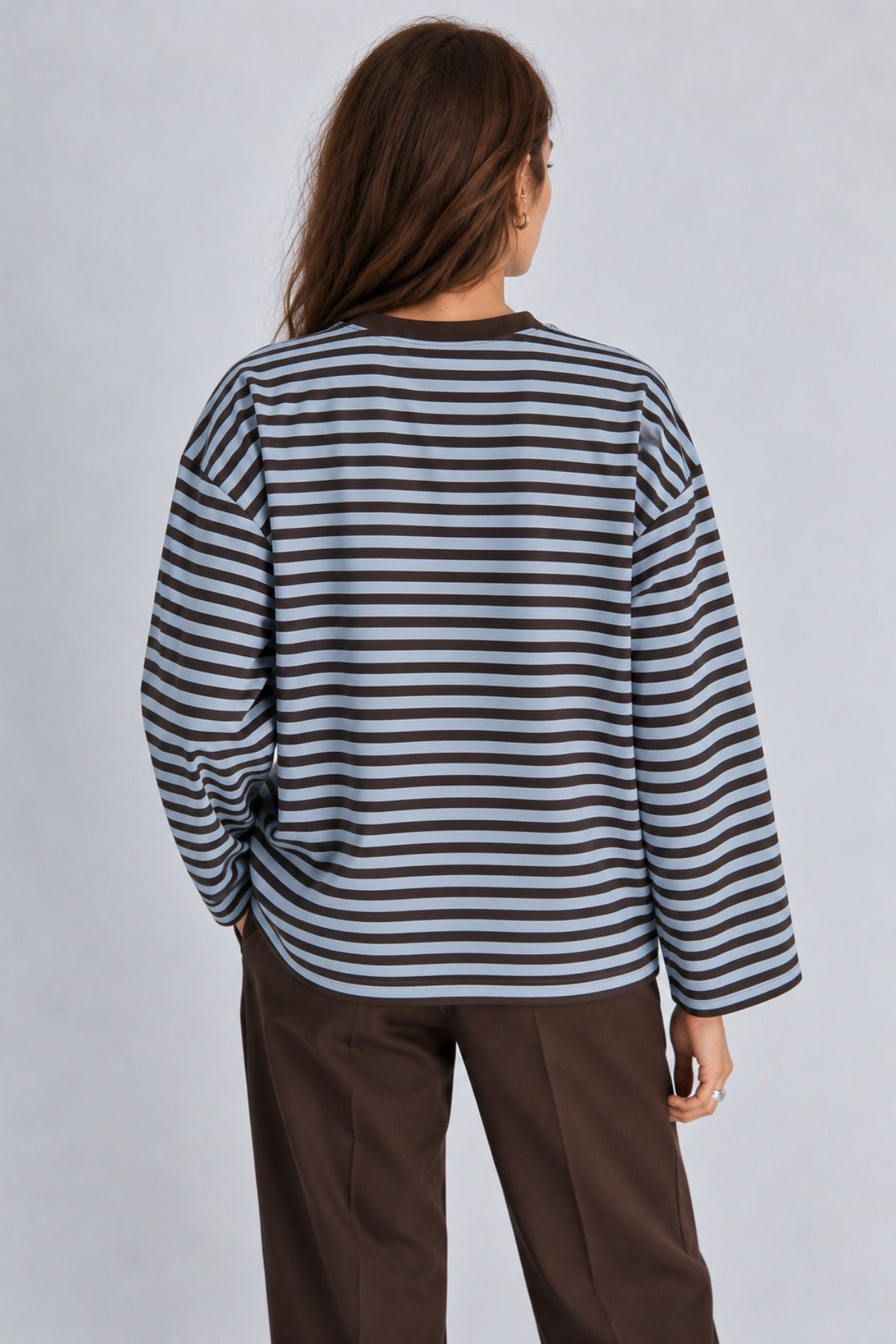 Bipantolon Kadın Bebe Mavi Kahverengi Çizgili Bisiklet Yaka Oversize Sweatshirt görsel 6