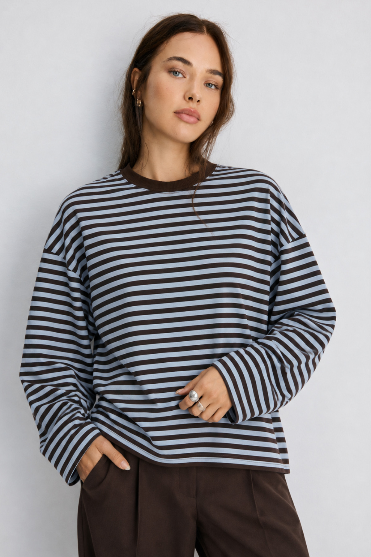 Bipantolon Kadın Bebe Mavi Kahverengi Çizgili Bisiklet Yaka Oversize Sweatshirt görsel 3