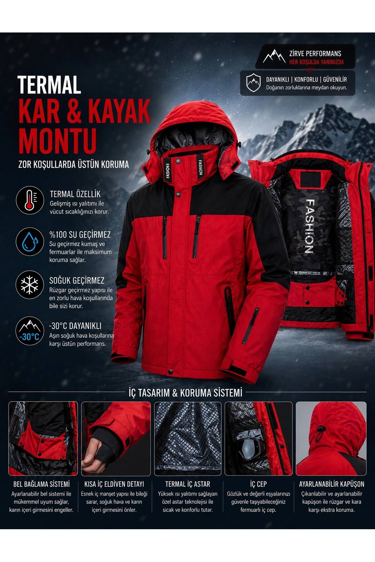 Erkek Kırmızı Termal Su Geçirmez Kayak Montu — قرمز MZ-KAYAK-2025-KRM