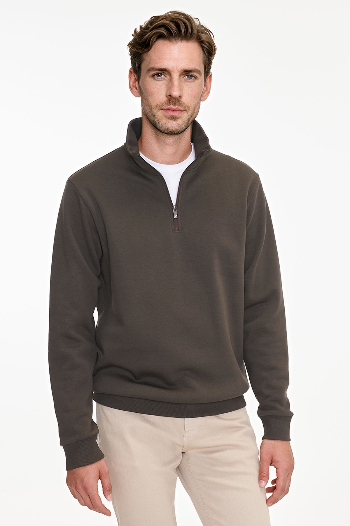 AC&Co / Altınyıldız Classics Erkek Kahverengi Standart Fit Normal Kesim İçi Polarlı Bato Yaka Pamuklu Sweatshirt — قهوهای ET5224100015